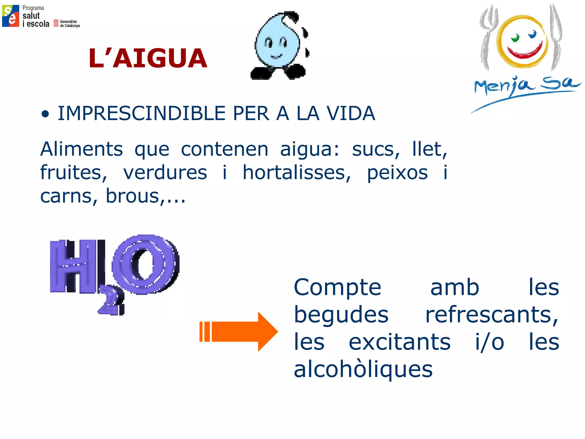 IMPRESCINDIBLE PER A LA VIDA Aliments que contenen aigua: sucs, llet, fruites, verdures i hortalisses, peixos i carns, brous,... L’AIGUA Compte amb les begudes refrescants, les excitants i/o les alcohòliques 