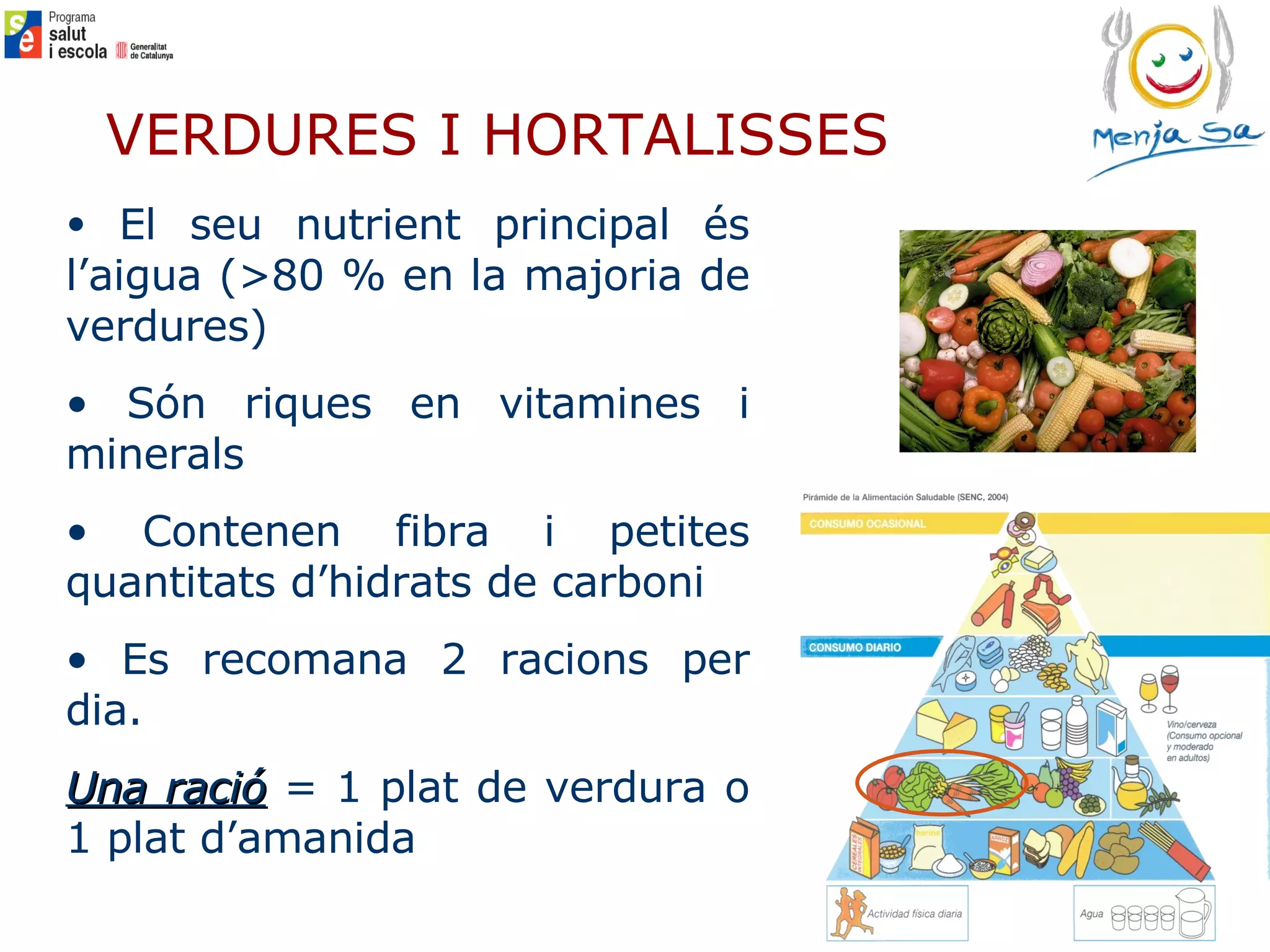 VERDURES I HORTALISSES El seu nutrient principal és l’aigua (>80 % en la majoria de verdures) Són riques en vitamines i minerals  Contenen fibra i petites quantitats d’hidrats de carboni Es recomana 2 racions per dia.  Una ració  = 1 plat de verdura o 1 plat d’amanida 