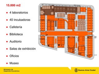 15.000 m2 ●  4 laboratorios ●  40 incubadoras ●  Cafetería ●  Biblioteca ●  Auditorio ●  Salas de exhibición ●   Oficios ●  Museo 