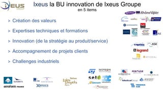 Ixeus la BU innovation de Ixeus Groupe 
en 5 items 
˃ Création des valeurs 
˃ Expertises techniques et formations 
˃ Innovation (de la stratégie au produit/service) 
˃ Accompagnement de projets clients 
˃ Challenges industriels 
 