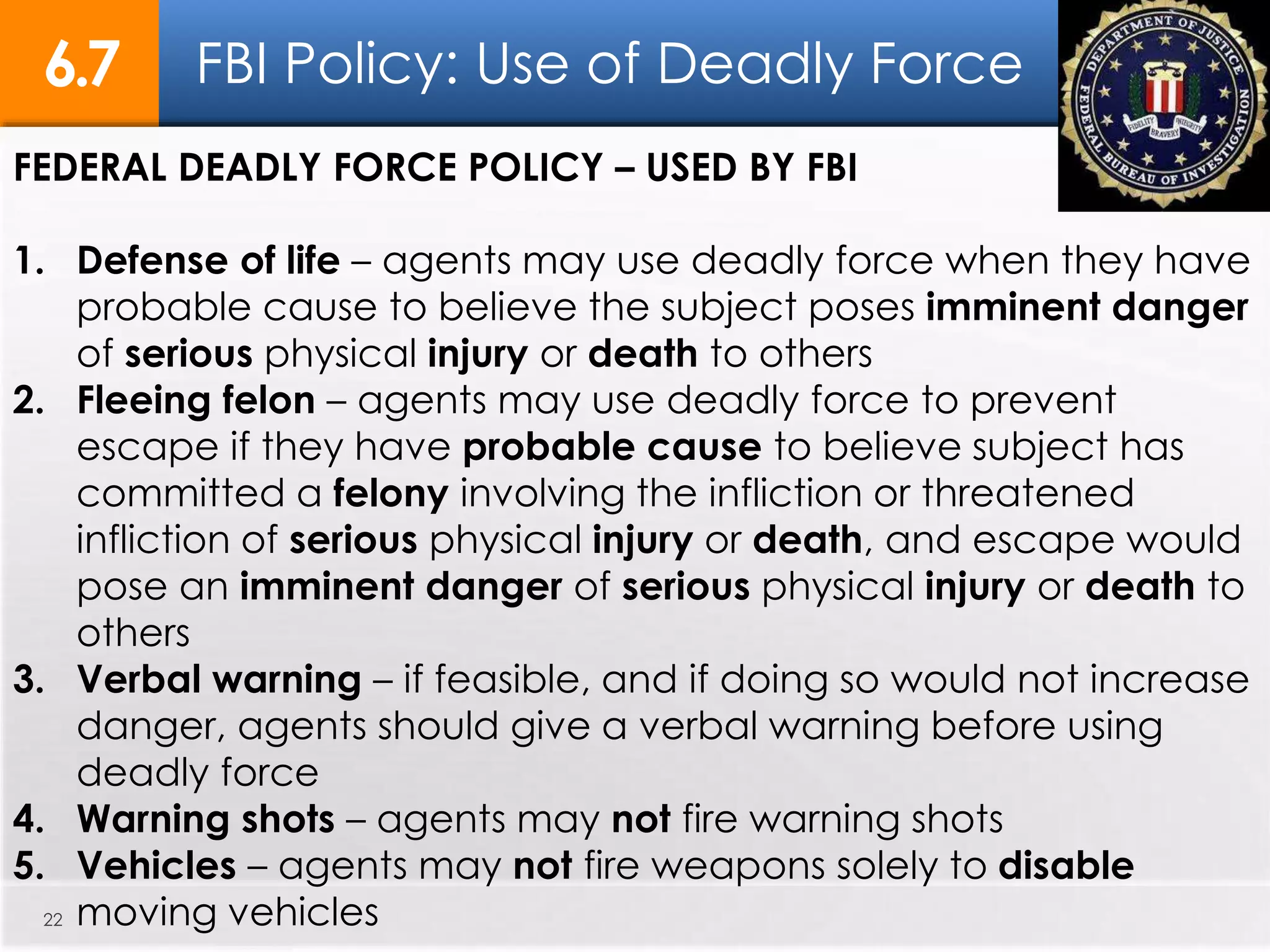 Deadly Force Examples ADMJ2 - Intro to ADMJ - Chapter 6 | PPTX