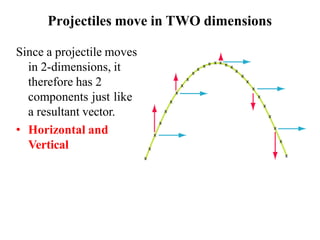 Projectiles move in TWO dimensions
Since a projectile moves
in 2-dimensions, it
therefore has 2
components just like
a resultant vector.
• Horizontal and
Vertical
 