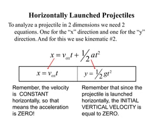 Horizontally Launched Projectiles
To analyze a projectile in 2 dimensions we need 2
equations. One for the “x” direction and one for the “y”
direction.And for this we use kinematic #2.
2
ox
x = v t + 1 at2
x = voxt
Remember, the velocity
is CONSTANT
horizontally, so that
means the acceleration
is ZERO!
y = 1
2 gt2
Remember that since the
projectile is launched
horizontally, the INITIAL
VERTICAL VELOCITY is
equal to ZERO.
 