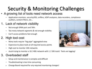 Security & Monitoring Challenges
• A growing list of tools need network access
   – Application monitors, security/IDS, sniffers, VOIP analyzers, data recorders, compliance
     auditors, content filters, etc…

1. Lack of network visibility
   – Not enough SPAN port and TAPs
   – Too many network segments & not enough visibility
   – Can’t access problems fast enough

2. High tool cost
   – Many tools require “big pipe” aggregated view
   – Expensive to place tools at all required access points
   – High cost to monitor 10G networks
   – stuck trying to monitor a 10 / 40G network with 1 / 10G tools! Tools are lagging!

3. Overloaded staff
   – Setup and maintenance is complex and difficult
   – Troubleshooting is too time consuming
   –
   3   Change Board required for any required monitoring changes!
 