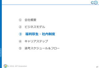 CONFIDENTIAL
© 2018, iXIT Corporation 17
① 会社概要
② ビジネスモデル
③ 福利厚生・社内制度
④ キャリアステップ
⑤ 選考スケジュール＆フロー
 
