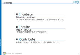 CONFIDENTIAL
© 2018, iXIT Corporation 5
経営理念
■ Incubate
「世のため、人のため」
インターネットで新たな価値をインキュベートすること。
■ Inquire
「明るく、楽しく」
を徹底的に探究する会社であること。
■ Contribute
お客様とスタッフを大切にし、社会に貢献すること。
 