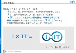 CONFIDENTIAL
© 2018, iXIT Corporation 9
社名のｉＸＩＴ（イグジット）とは・・・
「 i 」は人、愛、Innovation、Imajinationを意味しており
「 i 」に我々が得意としているITを掛けあわせる事
「×IT」により、人としての愛を持ち、革新的な切り口と
想像力を提供しクライアント様と一緒に「Exit（ゴール）」
を目指す事が可能な企業というメッセージを込め
i × IT =
という社名と致しました。
社名の由来
 