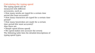 Calculating the typing speed
The typing speed can be
measured with different
accuracies, such as
• How many words are typed for a certain time
period (the least accurate)?
• How many characters are typed for a certain time
period?
• How many keystrokes are made for a certain
time period (the most accurate)?
Also there are
• Simple speed (Gross speed)
• Net speed (takes into account the errors)
The following table lists the detailed descriptions of
typing speed types.
 