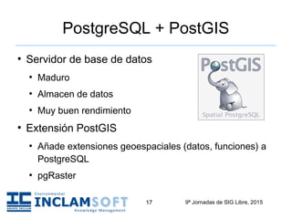 9ª Jornadas de SIG Libre, 201517
PostgreSQL + PostGIS
●
Servidor de base de datos
●
Maduro
●
Almacen de datos
●
Muy buen r...