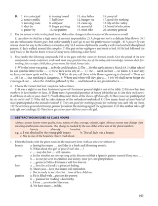 143
B. 1. vice principal 6. ironing board 11. step father 16. ponytail
2. notary public 7. half sister 12. hanger-on 17. good-for-nothing
3. running mate 8. antipode 13. close-up 18. lily-of-the-valley
4. shut-in 9. finger painting 14. spoonful 19. board of education
5. passer-by 10. out patient 15. mini bike 20. attorney general
2. Use the nouns in italic in the plural form. Make other changes in the structure of the sentences as well.
1) An editor-in-chief has a high sense of personal responsibility. 2) A forget-me-not is a delicate blue flower. 3) I
am an enthusiastic theatre goer, but unfortunately I can't go to see the performance tonight . 4) A passer-by can
always show the way to the railway station in a city. 5) A woman diplomat is usually a well-read and self-disciplined
person. 6) Jack walked around the campfire. 7) She put on her nightgown and went to bed. 8) He had followed the
wolf track so far that he knew it was far away now, following a deer herd.
3. Unscramble the following compounds. Fill in the gaps with the correctly–formed words. Give the plural of the new
compounds: newly-conference, work-wed, dead-way, good-for-line, sky-of-the-valley, side-knowledge, common-shop, fire-
nothing, fairy-scraper, child-place, press-moon, lily-hood, honey-tales.
1) Why the horse was going … nobody could explain. 2) The … for the applications is March 18. 3) After school
he will join his father in the … . 4) New York is the city of … . 5) The … went on their … to Tahiti. 6) I can’t rely
on him; you know quite well he is a … . 7) What do you call these white flowers growing in clusters? – These are
… . 8) It is … that smoking is dangerous. 9) Where and when will they give a … ? 10) We shall never forget the
evenings of our … when the children gathered by the … and listened to our grandmother’s … .
4. Choose the variant that best completes each sentence.
1) It was a sight to see four lieutenants general/ lieutenant generals fight it out at the table. 2) He now has two
mothers-in-law/mother-in-laws. 3) There were 3 spoonsful/spoonfuls of honey left in the jar. 4) Are they the knows-
it-all/know-it-alls in your class? 5) You’ll often meet them at the shows-off/show offs. 6) Have you ever participated
in sits-in/sit-ins? 7) Why did he take pictures of the onlookers/onslooker? 8) How many heads of state/head of
states participated at the annual reunion? 9) They are good-for-nothings/goods-for-nothing; you can’t rely on them.
10)The attorney-generals/attorneys general present at the meeting signed the agreement. 11) I like neither takes-off/
take offs nor landings.12) They have got a two-year-old/two-years-old girl.
ABSTRACT NOUNS USED AS CLASS NOUNS
Abstract nouns denote some quality, state, action or idea: courage, sadness, sight. Abstract nouns may change their
meaning and become class nouns. This change is marked by the use of the article and of the plural number:
beauty a beauty beauties
e.g. a. I was shocked by the young girl’s beauty. b. The tall lady was a beauty.
c. She is one of the beauties I have read about.
1. Fill in the blanks with the given nouns in the necessary form (with an article or without it):
beauty a. Spring has many …, and May is a fresh and blooming month.
b. What about this girl of yours? Isn’t she …?
c. … may die, but … still remains.
genius a. In the nineties an enterprising critic discovered that a Spanish painter named Goya was … .
b. ... is one per cent inspiration and ninety-nine per cent perspiration.
c. ... genius of Mihai Eminescu will live forever.
love a. ... love for a friend is a pleasant feeling.
b. Theirs was ... love that many will remember.
c. She is ready to sacrifice for ... love of her children.
passion a. He is filled with ... passion for poetry.
b. ... passion for reading is his hobby.
c. I have ... passion for literature.
d. We have many ... in life.
 