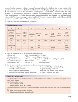147
won ... of our last four games. 7. I know ... word of his songs by heart. 8. ... third morning Joe goes jogging. 9. She
gave them ... a £5 tip when she checked out of the hotel. 10. I like his plays. I am going to study ... one carefully.
11. The bus leaves ... hour. 12. You should learn something new ... day. 13. Make ... tomorrow better than today.
14. Read ... of the instructions carefully. 15. I spoke to ... of the delegates there. 16. Practically ... person in the
room knew Samantha. 17. ... third-year student will be examined orally in June. They will ... be given a 15-minute
interview. 18. The phone was engaged ... time I tried it. 19. We enjoyed ... minute of this wonderful movie. 20. My
parents have moved to London. ... of them works in a bank.
2. Make up sentences of your own with all, every, each.
ORDER OF ADJECTIVES
1 2 3 4 5 6 7 8 9
Noun deter-
miners,
pos-sessive
nouns and
their modi-
fiers
Ordinals;
only
Enume-
rators;
many,
other
Descrip-
tive adjec-
tives
little, old,
new
Colour
Catego-
rizing
adjectives
Noun
adjuncts
Head
noun
of Com-
pound
the first three small old white suburban brick houses
those other new wooden benches
my mother’s old dress
a fine old English garden
the next famous naval victory
1. Place the modifiers at the left of each sentence in the right order.
silk, red, new a. She was wearing a … … … skirt.
cheap, good, many b. We have … … … things in this store.
English, first, successful c. The … … … colony was founded at Jamestown, Virginia, in 1607.
my mother’s, silver, old d. I always liked … … … … jewelry.
new, that, brick, red e. Whose is … … … … house over there?
2. Put the adjectives in the correct order and use them in sentences of your own.
An old, antique, big, green car. A tan and white, big, beautiful bulldog.
A wonderful, Italian, old clock. A square, blue, big, heavy box.
A plastic, disgusting, pink ornament. Some new, slim, French, cheap trousers.
A pair of Italian, hand-made, leather, black shoes. A fragile, China, old, oval plate.
ADJECTIVE OR ADVERB?
An adjective tells us more about a noun. We use adjectives before nouns and after a few verbs: to be, to feel, to taste, to
smell, to look, to seem.
e.g. He is a skilful worker.
This soup tastes good.
Your neighbour seems very strange.
An adverb tells us more about a verb. It tells us in what way someone does something or in what way something hap-
pens.
e.g. Speak loudly, if you want to be heard.
Take your umbrella, it is raining heavily.
 