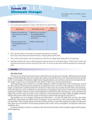 14
DISCUSSION POINTS
1. Use a ruler, pencil and paper to make a chart like the one shown below.
What I Know What I Want to Know
What I
Have Learnt
1. Nature is the whole uni-
verse and every created
thing.
2. We are creatures who
are biologically a part of
nature.
3. ...
1. What can you say about
the interdependence
between human beings
and nature?
2. What is a food chain?
3. ...
2. Fill in the first column in the chart by using the information you already
know about interconnections between humans, animals, plants and the land.
3. Turn to the second column, and write questions to find out new things about living and non-living things.
4. Read the text about the ways in which organisms interact, then turn to the third column “What I Have Learnt”, and
record the main points you have learned on your chart. Try to line up the answer with the questions you raised origi-
nally.
READING
The Web of Life
We rely on our environment to provide us with food to eat and clean air to breathe. All living and non-living
things are linked through cycles; for example, the carbon cycle and the water cycle. Food chains are part of these
cycles. As an example, a food chain might consist of garden plants, such as lettuce and carrots, fed upon by rab-
bits which, in their turn, are fed upon by owls which, in their turn, are fed upon by hawks.
All living things in the woods or in a meadow depend on others for their food. Each, in their turn, is food
for other species. Dead leaves and animals are an important source of food for ‘‘decomposers’’. Worms, for ex-
ample, eat dead leaves and help make the soil fertile. In their turn, they provide food for birds and mammals.
Some decomposers, such as earthworms, feed directly on dead plants and animals. Earthworms convert dead
organisms to simpler substances that are then digested even further by other decomposers, such as bacteria and
fungi. Fish, worms, snails, sea turtles, seals, crustaceans, and even humans eat algae. Algae are highly nutritious
and live all over the world, from the oceans to the desert, and from hot springs to snow and ice.
Big predators are in no danger of being eaten themselves – at least not while they are alive. But when
animals die, their bodies provide food for scavengers, such as the larvae of flies and carrion beetles, which
eat dead flesh. What remains slowly rots back into the soil where it provides nutrients for plants. At the same
time, there are vast numbers of leaf-eating animals in the woods, such as caterpillars, red squirrels, field mice
and fallow deer.
In nature nothing is wasted, so animals at the end of the food chain will eventually supply food for plants
at the beginning.
Wholesale ChangesWholesale Changes
Everything is alive; everything is inter-
connected. Cicero
 