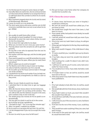 161
15. For the last year he (to go) to some classes at night.
16. EvenafterGlenn(tonod) to her, she (tocontinue) to look
as if she (not to know) whether to run away from him or
to walk back down the corridor to where he (to stand).
(Caldwell)
17. Miss Casement stopped what she (to do) and (to stare)
at Ranisborough. (Murdock)
18. I never (to insult) so in my whole life.
19. The storm grew worse and worse, and the rain (to fall)
in torrents, and little Hans (can not, to see) where he (to
go). (Wilde)
C
1. We usually (to walk) home after school.
2. You already (to have) breakfast? It’s time to leave.
3. Montanelli (to enter) the room where Arthur (to wait)
for him for a long time.
4. She (to hear) him sigh while he (to sleep).
5. What you (to listen) to ever since you came home?
6. That day about noon the servants (to call) to get their
presents.
7. He was like a man who (to separate) from the one he
loved for many years.
8. Her mother came two days ago, and she (to take) good
care of now.
9. If you want to speak to us, wait till my brother (tocome).
10. I (not to see) them for years. When you (to meet) them
and where?
11. Which subject you (to work) at tonight?
12. The Martins (not to like) to stay in town on Sundays.
13. Julia (to feel) the material to see if it is real silk.
14. He (to walk) up to the house and (to look) in through
one of the windows.
15. I would finish my work much earlier if you (to help) me.
16. All the necessary arrangements (to make) as soon as
they arrive.
D
1. While I (to eat), Sheila (to watch) me closely.
2. I admitted that it (to take) time to get our luggage
brought.
3. After all, how do I know where I (to live) tomorrow.
4. “Come here quick!” (to cry) Daisy at the window. ”The
rain still (to fall), but the darkness (to part) in the west,
and a rainbow (may, to see) in the sky.”
5. The whole group was moved, for he (to speak) so en-
thusiastically.
6. The two girls (to climb) in and (to sit) in the corner.
7. He (to bring) up to be a gentleman.
8. “The bell (to ring)?” “Yes, it (to ring) five minutes ago.”
9. After I (to speak), I realized my mistake.
10. He (to work) as a secretary the last time I (to see) her.
11. I (to be) disappointed if you not (to accept) the invita-
tion.
12. He ever (to write) to you since he left town?
13. She just (to buy) a new home when her company (to
transfer) her to another city.
XVII. Choose the correct variant.
A
1. If I (know, knew, had known) you were in hospital, I
would have visited you.
2. We (will call, would call, would have called) you, if we
are home on time.
3. She would have caught the train if she (were, is, had
been) in a hurry.
4. If you (speak, spoke, had spoken) more slowly, he would
understand you.
5. I (will tell, would tell, would have told) you more if you
were my friend.
6. If he (is not, were not, hadn’t been) so busy, he will give
us a hand.
7. If they (get,got,hadgotten) to the top, they would enjoy
the sunset.
8. What (will, would) it happen, if the child doesn’t obey
you?
9. If I (were, would be) you, I wouldn’t give up my dreams
so easily.
10. If we had a dog we (won’t be, wouldn’t be) afraid of
burglars.
11. She would go for a walk if it (doesn’t rain, didn’t rain,
hadn’t rained).
12. I will have to wait for you if I (come, came, had come )
earlier for I have no key.
13. You would arrive in time, if you (take, had taken, took)
the bus.
14. If it hadn’t been so hot, we (will lie, would lie, would
have lain) in the sun.
15. Ifthestory(weren’ttrue,hadn’tbeentrue),theywouldn’t
have published it.
B
1. If he had nobody to look after him, he (will be, would
be) lost.
2. She would talk with him if she (knows,knew,hadknown)
French.
3. If you hadn’t eaten so much, you (won’t feel, wouldn’t
feel, wouldn’t have felt) sick.
4. He would have said hello, if he (saw, had seen, sees) you
in the street.
5. I will announce you if the excursion (is, were, had been)
postponed.
6. If Jim lent me the rest of the money, I (can, could) buy
a car.
7. They would have eaten anyhting if they (are, were, had
been) hungry.
8. If she went to the party last night, she (will be, would
be, would have been) tired.
 
