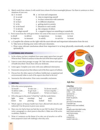30
4. Match words from column A with words from column B to form meaningful phrases. Use them in sentences or short
situations of your own.
A. 1) to need B. a. on trust and compassion
2) to avoid b. time to improving oneself
3) to pay c. in close connection with someone
4) to have d. to different situations
5) to be e. getting stuck in anxiety
6) to be based f. attention to one’s needs
7) to devote g. the company of others
8) to adapt oneself h. a negative impact on something or somebody
5. Form nouns from the verbs given below. Use some of the nouns in sentences of your own.
to dwell to deliver to experience to enjoy to treat
to improve to measure to satisfy to survive to mean
6. a. Complete the scheme on the right with the most relevant and important information from the text.
b. Take turns at sharing your notes with your classmates.
c. Draw some relevant conclusions about how important it is to keep physically, emotionally, socially and
spiritually fit.
LISTENING AND SPEAKING
1. In the scheme you have completed, how many empty spaces have you got?
Whatarethey?Thinkofasentencetodescribeeachofthethreeemptyspaces.
2. Listen to some short passages on page 130. Take notes about each aspect
of health described. Check them with your deskmate.
3. Listen again. Complete your notes with some additional information.
4. Enumeratesomepracticesthatenhanceeachofthethreeaspectsofwellness.
5. Discuss how the other aspects of wellness (intellectual, occupational and
environmental) relate to each of the aspects described in the text?
6. Summarize the information. Draw some reasonable conclusions.
WRITING
1. Fill in the correct preposition.
To benefit … To take care … To devote oneself …
To deliver smth … To get stuck … To have empathy …
To connect … To be prepared … To have an impact …
2. Fill in the gaps in the poem “A Bad Day” with the words below:
fight more overslept bed ankle
knees toe pouring locked keys
3. Which aspects of human health have been affected both directly and
indirectly? Cite the poem to prove your answer.
4. Have you ever had at least one bad day in your life? In about 150 words
write a paragraph or a short poem to describe it. Make use of the active
vocabulary. Entitle it.
5. Write 4-5 sentences on the theme: If we take care of ourselves we will be
better prepared to deal with challenges when they arise.
Spiritual
Occupation
Social
Emotional
Intellectual
Environmental
Physical
Info Box
A Bad Day
I … and missed my train,
slipped on the sidewalk,
in the … rain,
sprained my … ,
skinned my …,
broke my glasses,
lost my… ,
got stuck in the elevator,
it wouldn’t go,
kicked it twice and stubbed,
my …,
bought a pen that didn’t write,
took it back and had a … ,
went home angry,
… the door,
crawled into … ,
couldn’t take any … .
 