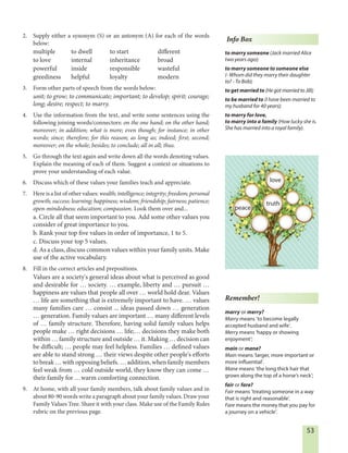 53
2. Supply either a synonym (S) or an antonym (A) for each of the words
below:
multiple to dwell to start different
to love internal inheritance broad
powerful inside responsible wasteful
greediness helpful loyalty modern
3. Form other parts of speech from the words below:
unit; to grow; to communicate; important; to develop; spirit; courage;
long; desire; respect; to marry.
4. Use the information from the text, and write some sentences using the
following joining words/connectors: on the one hand; on the other hand;
moreover; in addition; what is more; even though; for instance; in other
words; since; therefore; for this reason; as long as; indeed; first; second;
moreover; on the whole; besides; to conclude; all in all; thus.
5. Go through the text again and write down all the words denoting values.
Explain the meaning of each of them. Suggest a context or situations to
prove your understanding of each value.
6. Discuss which of these values your families teach and appreciate.
7. Here is a list of other values: wealth; intelligence; integrity; freedom; personal
growth; success; learning; happiness; wisdom; friendship; fairness; patience;
open-mindedness; education; compassion. Look them over and...
a. Circle all that seem important to you. Add some other values you
consider of great importance to you.
b. Rank your top five values in order of importance, 1 to 5.
c. Discuss your top 5 values.
d. As a class, discuss common values within your family units. Make
use of the active vocabulary.
8. Fill in the correct articles and prepositions.
Values are a society's general ideas about what is perceived as good
and desirable for … society. … example, liberty and … pursuit …
happiness are values that people all over … world hold dear. Values
… life are something that is extremely important to have. … values
many families care … consist ... ideas passed down … generation
… generation. Family values are important … many different levels
of … family structure. Therefore, having solid family values helps
people make … right decisions … life;… decisions they make both
within … family structure and outside … it. Making … decision can
be difficult; … people may feel helpless. Families … defined values
are able to stand strong … their views despite other people's efforts
to break … with opposing beliefs. … addition, when family members
feel weak from … cold outside world, they know they can come …
their family for …warm comforting connection.
9. At home, with all your family members, talk about family values and in
about 80-90 words write a paragraph about your family values. Draw your
Family Values Tree. Share it with your class. Make use of the Family Rules
rubric on the previous page.
Remember!
marry or merry?
Marry means ‘to become legally
accepted husband and wife’.
Merry means ‘happy or showing
enjoyment’;
main or mane?
Main means ‘larger, more important or
more influential’.
Mane means ‘the long thick hair that
grows along the top of a horse’s neck’;
fair or fare?
Fair means ‘treating someone in a way
that is right and reasonable’.
Fare means the money that you pay for
a journey on a vehicle’.
Info Box
to marry someone (Jack married Alice
two years ago);
to marry someone to someone else
(- Whom did they marry their daughter
to? - To Bob);
to get married to (He got married to Jill);
to be married to (I have been married to
my husband for 40 years);
to marry for love,
to marry into a family (How lucky she is.
She has married into a royal family).
truth
love
peace
 