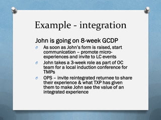 Example - integration
John is going on 8-week GCDP
O

O

O

As soon as John’s form is raised, start
communication – promote microexperiences and invite to LC events
John takes a 3-week role as part of OC
team for a local induction conference for
TMPs
OPS – invite reintegrated returnee to share
their experience & what TXP has given
them to make John see the value of an
integrated experience

 