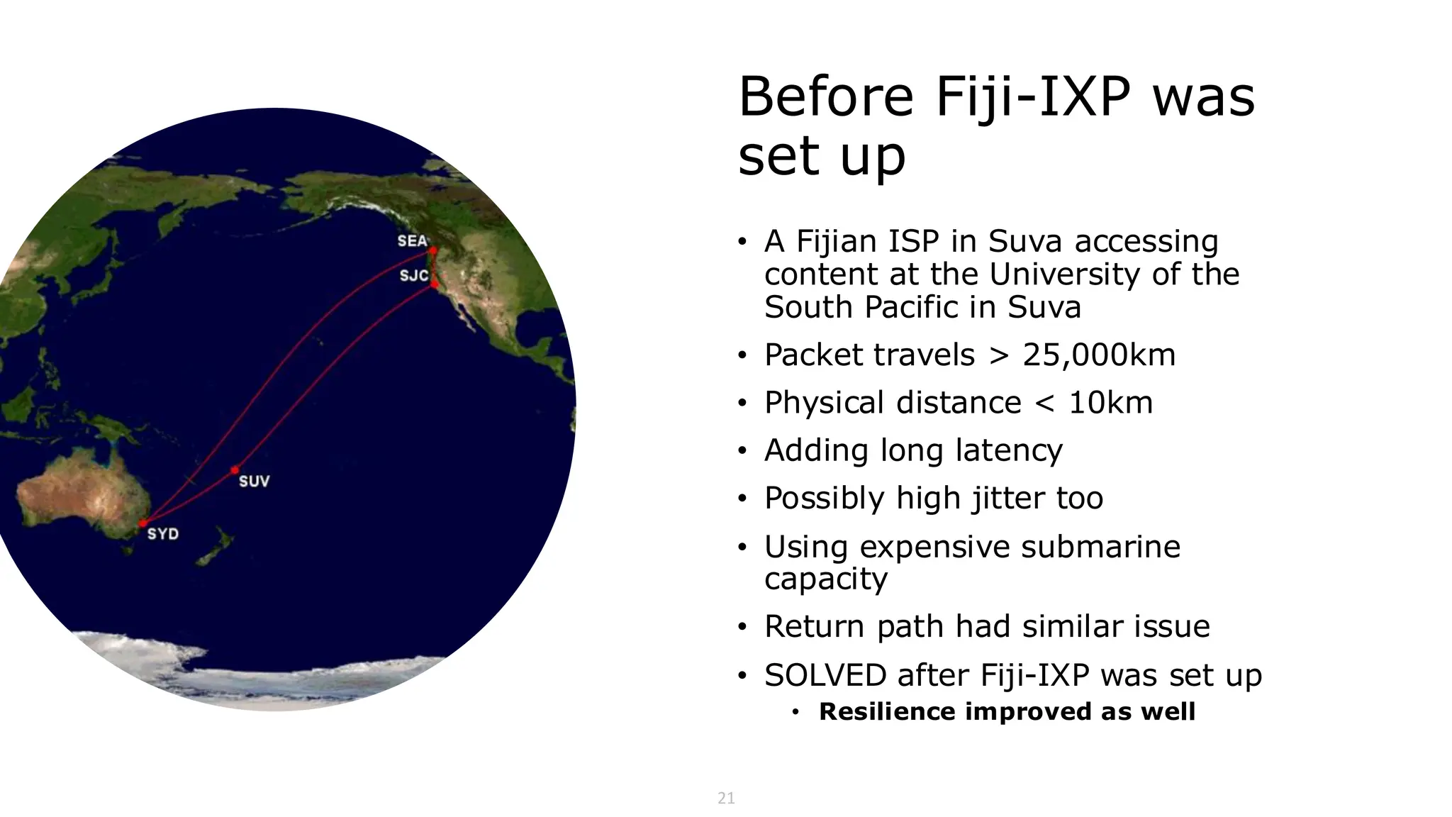 21
Before Fiji-IXP was
set up
• A Fijian ISP in Suva accessing
content at the University of the
South Pacific in Suva
• Packet travels > 25,000km
• Physical distance < 10km
• Adding long latency
• Possibly high jitter too
• Using expensive submarine
capacity
• Return path had similar issue
• SOLVED after Fiji-IXP was set up
• Resilience improved as well
 