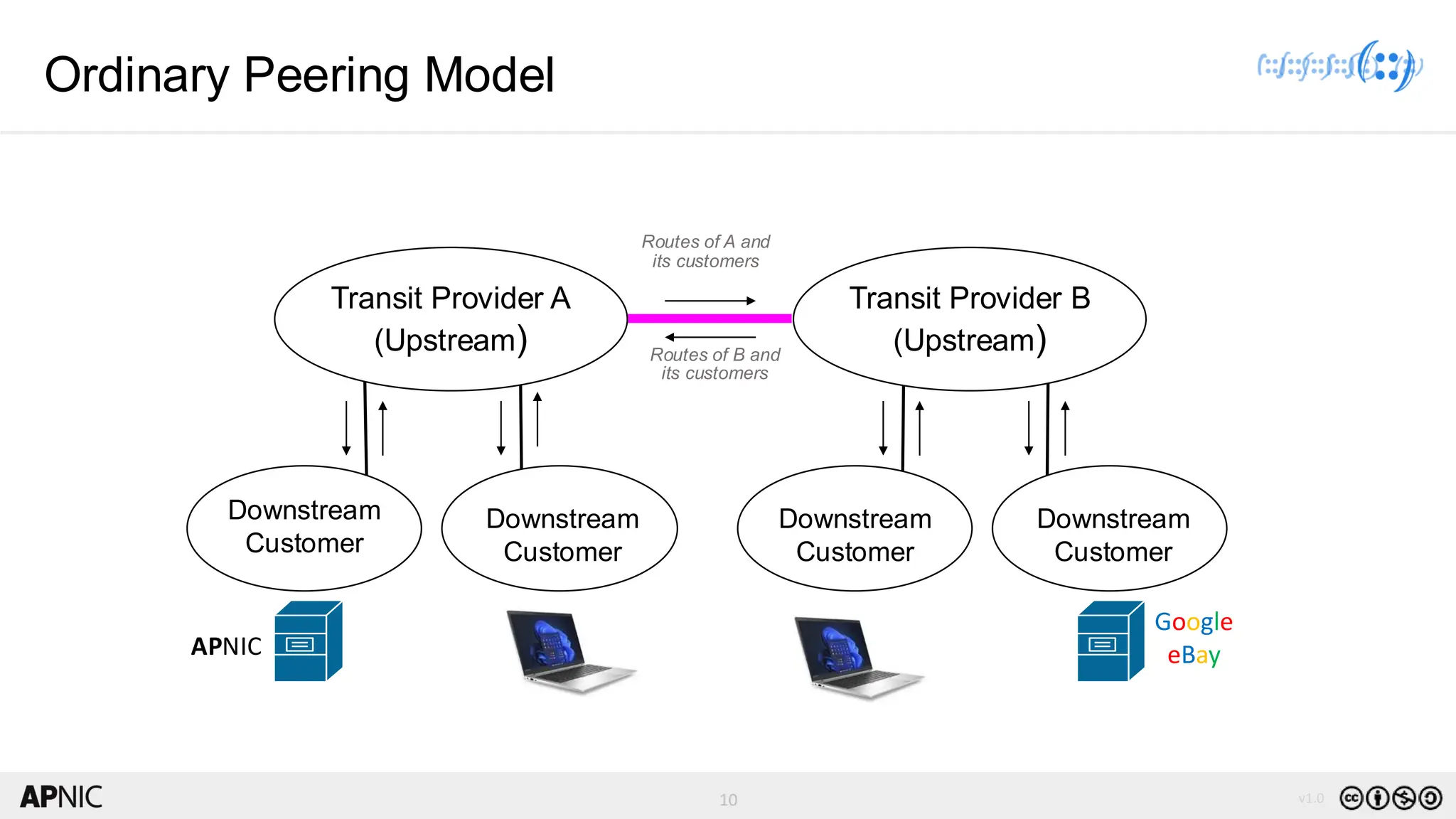 10 v1.0
10
Transit Provider A
(Upstream)
Transit Provider B
(Upstream)
Downstream
Customer
Downstream
Customer
Downstream
Customer
Downstream
Customer
Routes of A and
its customers
Routes of B and
its customers
Ordinary Peering Model
Google
eBay
APNIC
 