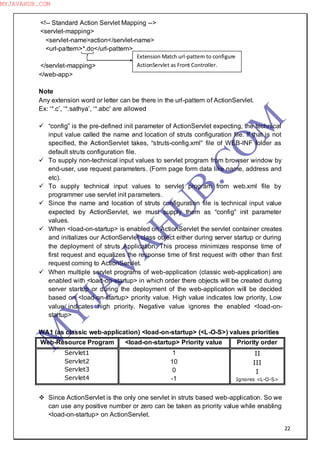 22
<!-- Standard Action Servlet Mapping -->
<servlet-mapping>
<servlet-name>action</servlet-name>
<url-pattern>*.do</url-pattern>
</servlet-mapping>
</web-app>
Note
Any extension word or letter can be there in the url-pattern of ActionServlet.
Ex: ―*.c‖, ―*.sathya‖, ―*.abc‖ are allowed
 “config” is the pre-defined init parameter of ActionServlet expecting, the technical
input value called the name and location of struts configuration file. If that is not
specified, the ActionServlet takes, “struts-config.xml” file of WEB-INF folder as
default struts configuration file.
 To supply non-technical input values to servlet program from browser window by
end-user, use request parameters. (Form page form data like name, address and
etc).
 To supply technical input values to servlet program from web.xml file by
programmer use servlet init parameters.
 Since the name and location of struts configuration file is technical input value
expected by ActionServlet, we must supply them as “config” init parameter
values.
 When <load-on-startup> is enabled on ActionServlet the servlet container creates
and initializes our ActionServlet class object either during server startup or during
the deployment of struts Application. This process minimizes response time of
first request and equalizes the response time of first request with other than first
request coming to ActionServlet.
 When multiple servlet programs of web-application (classic web-application) are
enabled with <load-on-startup> in which order there objects will be created during
server startup or during the deployment of the web-application will be decided
based on <load-on-startup> priority value. High value indicates low priority, Low
value indicates high priority. Negative value ignores the enabled <load-on-
startup>
WA1 (as classic web-application) <load-on-startup> (<L-O-S>) values priorities
Web-Resource Program <load-on-startup> Priority value Priority order
Servlet1
Servlet2
Servlet3
Servlet4
1
10
0
-1
II
III
I
Ignores <L-O-S>
 Since ActionServlet is the only one servlet in struts based web-application. So we
can use any positive number or zero can be taken as priority value while enabling
<load-on-startup> on ActionServlet.
Extension Match url-pattern to configure
ActionServlet as Front Controller.
M
Y
JA
V
A
H
U
B.CO
M
MYJAVAHUB.COM
 