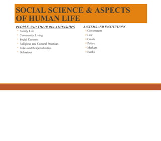 SOCIAL SCIENCE & ASPECTS
OF HUMAN LIFE
PEOPLE AND THEIR RELATIONSHIPS
◦ Family Life
◦ Community Living
◦ Social Customs
◦ Religious and Cultural Practices
◦ Roles and Responsibilities
◦ Behaviour
SYSTEMS AND INSTITUTIONS
o Government
o Law
o Courts
o Police
o Markets
o Banks
 