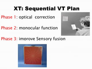 Phase 1: optical correction
Phase 2: monocular function
Phase 3: improve Sensory fusion
 