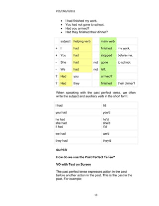 PES/ENG/IX/011


    •    I had finished my work.
    •    You had not gone to school.
    •    Had you arrived?
    •    Had they finished their dinner?

    subject helping verb           main verb

+   I         had                  finished    my work.

+   You       had                  stopped     before me.

-   She       had            not gone          to school.

-   We        had            not left.

?   Had       you                  arrived?

?   Had       they                 finished    their dinner?

When speaking with the past perfect tense, we often
write the subject and auxiliary verb in the short form:

I had                               I'd

you had                             you'd

he had                              he'd
she had                             she'd
it had                              it'd

we had                              we'd

they had                            they'd

SUPER

How do we use the Past Perfect Tense?

VO with Text on Screen

The past perfect tense expresses action in the past
before another action in the past. This is the past in the
past. For example:




                              13
 