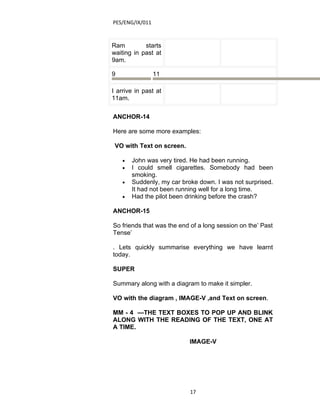 PES/ENG/IX/011



Ram         starts
waiting in past at
9am.

9                11

I arrive in past at
11am.

ANCHOR-14

Here are some more examples:

 VO with Text on screen.

    •   John was very tired. He had been running.
    •   I could smell cigarettes. Somebody had been
        smoking.
    •   Suddenly, my car broke down. I was not surprised.
        It had not been running well for a long time.
    •   Had the pilot been drinking before the crash?

ANCHOR-15

So friends that was the end of a long session on the’ Past
Tense’

. Lets quickly summarise everything we have learnt
today.

SUPER

Summary along with a diagram to make it simpler.

VO with the diagram , IMAGE-V ,and Text on screen.

MM - 4 —THE TEXT BOXES TO POP UP AND BLINK
ALONG WITH THE READING OF THE TEXT, ONE AT
A TIME.

                            IMAGE-V




                            17
 