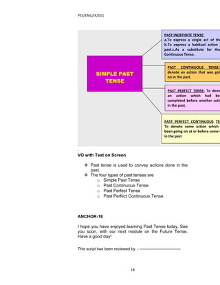 PES/ENG/IX/011



                                                       PAST INDEFINITE TENSE:
                                                       a.To express a single act of the
                                                       b.To express a habitual action i
                                                       past.c.As a substitute for the
                                                       Continuous Tense.


                                                         PAST CONTINUOUS TENSE:T
                                                         denote an action that was goin
           SIMPLE PAST
                                                         on in the past.
              TENSE
                                                         PAST PERFECT TENSE: To deno
                                                         an action which had bee
                                                         completed before another actio
                                                         in the past.



                                                       PAST PERFECT CONTINUOUS TEN
                                                       To denote some action which
                                                       been going on at or before some t
                                                       in the past


.
VO with Text on Screen

     Past tense is used to convey actions done in the
      past.
     The four types of past tenses are
         o Simple Past Tense
         o Past Continuous Tense
         o Past Perfect Tense
         o Past Perfect Continuous Tense



ANCHOR-16

I hope you have enjoyed learning Past Tense today. See
you soon, with our next module on the Future Tense.
Have a good day!

This script has been reviewed by - -------------------------------




                                 18
 