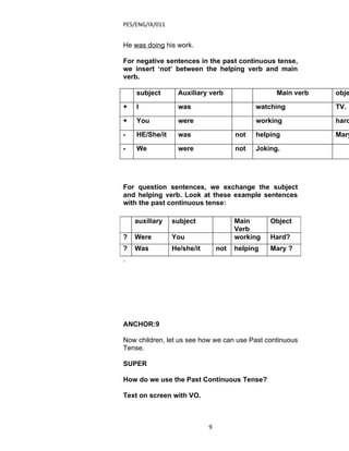 PES/ENG/IX/011


He was doing his work.

For negative sentences in the past continuous tense,
we insert ‘not’ between the helping verb and main
verb.

    subject       Auxiliary verb                   Main verb   obje

+   I             was                        watching          TV.

+   You           were                       working           hard

-   HE/She/it     was                  not   helping           Mary

-   We            were                 not   Joking.




For question sentences, we exchange the subject
and helping verb. Look at these example sentences
with the past continuous tense:

    auxiliary    subject               Main      Object
                                       Verb
?   Were         You                   working   Hard?
?   Was          He/she/it       not   helping   Mary ?
⋅




ANCHOR:9

Now children, let us see how we can use Past continuous
Tense.

SUPER

How do we use the Past Continuous Tense?

Text on screen with VO.



                             9
 