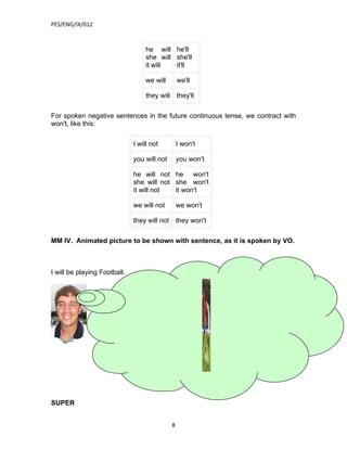 PES/ENG/IX/012



                                   he will he'll
                                   she will she'll
                                   it will  it'll

                                   we will         we'll

                                   they will       they'll

For spoken negative sentences in the future continuous tense, we contract with
won't, like this:

                              I will not           I won't

                              you will not         you won't

                              he will not he won't
                              she will not she won't
                              it will not  it won't

                              we will not          we won't

                              they will not they won't

MM IV. Animated picture to be shown with sentence, as it is spoken by VO.



I will be playing Football.




SUPER


                                               8
 