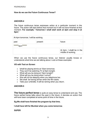 PES/ENG/IX/012


How do we use the Future Continuous Tense?



ANCHOR-4

The future continuous tense expresses action at a particular moment in the
future. The action will start before that moment but it will not have finished at that
moment. For example,’ Tomorrow I shall start work at 2pm and stop it at
6pm:’

At 4pm tomorrow, I will be working.

past                        present                       future

       4pm

                                                          At 4pm, I shalll be in the
                                                          middle of working.

When we use the future continuous tense, our listener usually knows or
understands what time we are talking about. Look at these examples:

VO with Text on Screen

   •    Ishall be playing tennis at 10am tomorrow.
   •    They won't be watching TV at 9pm tonight.
   •    What will you be doing at 10pm tonight?
   •    What will you be doing when I arrive?
   •    She will not be sleeping when you telephone her.
   •    We shall be having dinner when the film starts.
   •    Take your umbrella. It will be raining when you return.

ANCHOR-5


The future perfect tense is quite an easy tense to understand and use. The
future perfect tense talks about the past in the future .It denotes an action that
will have been completed at some point of time in the future.

Eg.We shall have finished the program by that time.

I shall have left for Mumbai when you come tomorrow.

SUPER


                                          9
 
