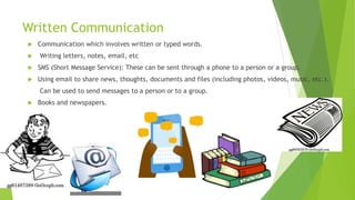 Written Communication
 Communication which involves written or typed words.
 Writing letters, notes, email, etc
 SMS (Short Message Service): These can be sent through a phone to a person or a group.
 Using email to share news, thoughts, documents and files (including photos, videos, music, etc.).
Can be used to send messages to a person or to a group.
 Books and newspapers.
 