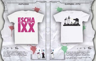 t-sHIRTS      t-sHIRTS
                     Hypnosis                                              Surreal city




 S   M     L    XL                                                                                 S   M     L     XL
Colour and shape capture the                                                        A remix of Dalis Elephants (1948)
eye. Your vision is fixed and your                                                  painting and a star Wares AT-
thoughts become clearer as                                                          AT Walker. Two icons battle for
                                     Colours




                                                                          Colours
you enter a state of heightened                                                     territory in surreal street war.
awareness.
                                                                                    *The paint will charge during the
                                               T0017   T0018   T0019                day and glow at night.
 