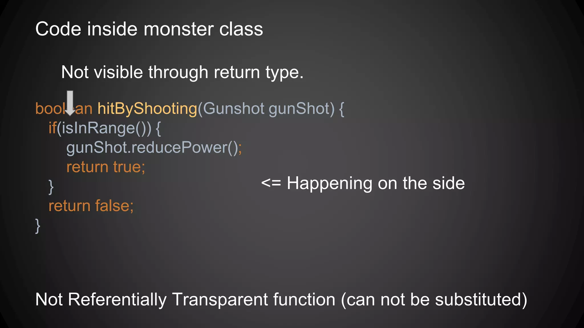 Code inside monster class
boolean hitByShooting(Gunshot gunShot) {
if(isInRange()) {
gunShot.reducePower();
return true;
}
return false;
}
<= Happening on the side
Not visible through return type.
Not Referentially Transparent function (can not be substituted)
 