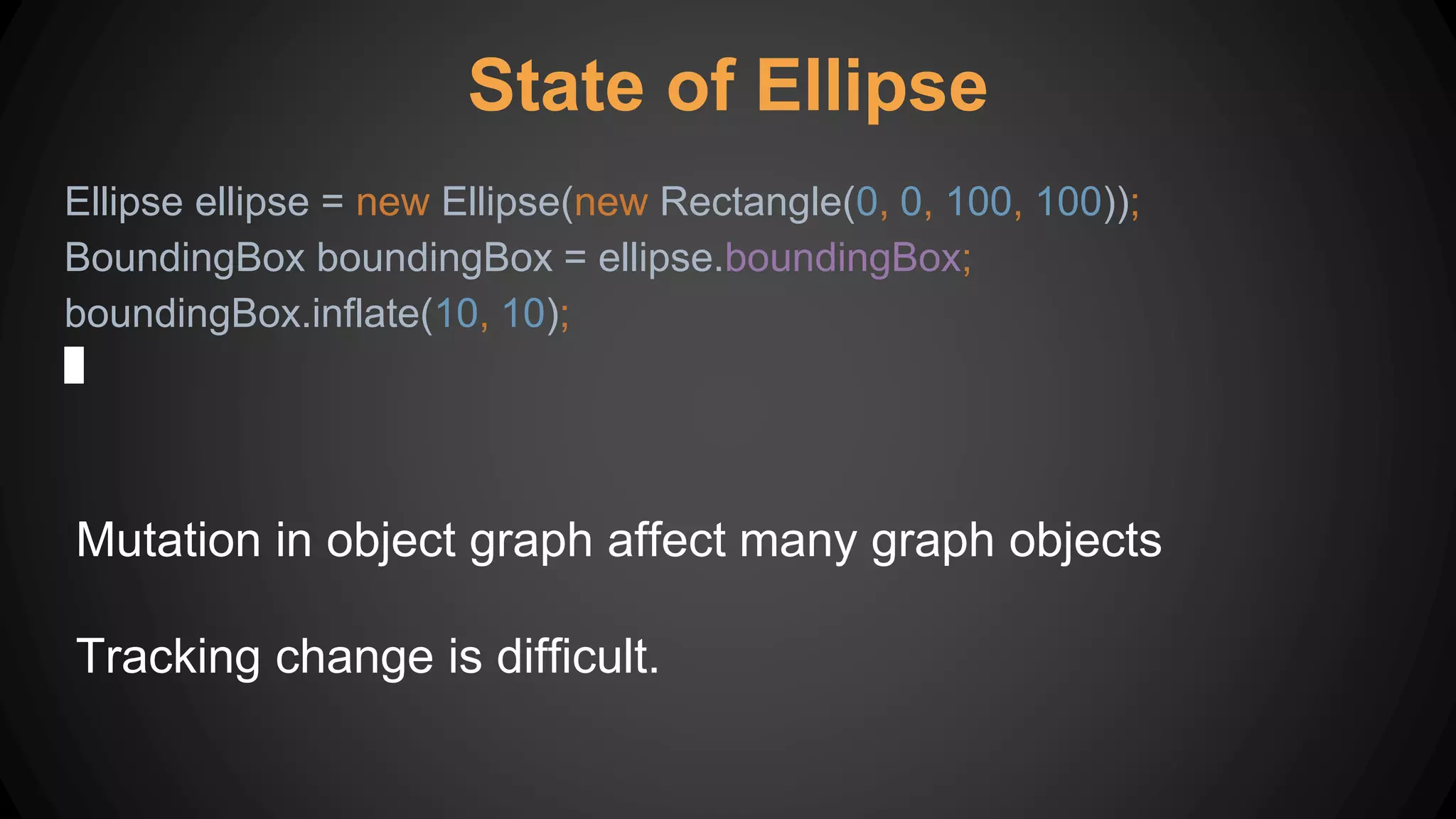 State of Ellipse
Ellipse ellipse = new Ellipse(new Rectangle(0, 0, 100, 100));
BoundingBox boundingBox = ellipse.boundingBox;
boundingBox.inflate(10, 10);
Mutation in object graph affect many graph objects
Tracking change is difficult.
 
