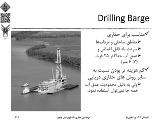 Drilling Barge
‫ﺣﻔﺎري‬ ‫ﺑﺮاي‬ ‫ﻣﻨﺎﺳﺐ‬
‫ﻣﺮداب‬ ‫و‬ ‫ﺳﺎﺣﻠﻲ‬ ‫ﻣﻨﺎﻃﻖ‬‫ﻫﺎ‬
‫و‬ ‫اﻏﻤﺎض‬ ‫ﻗﺎﺑﻞ‬ ‫ﺑﺎد‬ ‫ﺳﺮﻋﺖ‬
‫ﺣﺪاﻛﺜﺮ‬ ‫آب‬ ‫ﻋﻤﻖ‬25‫ﻓﻮت‬
)7.6‫ﻣﺘﺮ‬(
‫ﺑ‬ ‫ﻧﺴﺒﺖ‬ ‫ﺑﻮدن‬ ‫ﺗﺮ‬ ‫ﻫﺰﻳﻨﻪ‬ ‫ﻛﻢ‬‫ﻪ‬
‫درﻳﺎﻳﻲ‬ ‫ﺣﻔﺎري‬ ‫ﻫﺎي‬ ‫روش‬ ‫ﺳﺎﻳﺮ‬
‫آب‬ ‫ﻋﻤﻖ‬ ‫ﻣﺤﺪودﻳﺖ‬ ‫دﻟﻴﻞ‬ ‫ﺑﻪ‬ ‫وﻟﻲ‬
‫ﻧﻤﻲ‬ ‫ﺟﺎ‬ ‫ﻫﻤﻪ‬‫ﻧﻤﻮد‬ ‫اﺳﺘﻔﺎده‬ ‫ﺗﻮان‬.
‫ﺗﺎﺑﺴﺘﺎن‬94-‫ح‬.‫اﻋﻠﻤﻲ‬‫ﻧﻴﺎ‬‫ﻳﻚ‬ ‫ﺣﻔﺎري‬ ‫ﻣﻬﻨﺪﺳﻲ‬)‫ﭘﻨﺠﻢ‬ ‫وﻳﺮاﻳﺶ‬(116
 