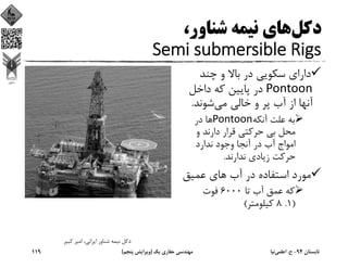 ‫دﻛﻞ‬،‫ﺷﻨﺎور‬ ‫ﻧﻴﻤﻪ‬ ‫ﻫﺎي‬
Semi submersible Rigs
‫ﭼﻨﺪ‬ ‫و‬ ‫ﺑﺎﻻ‬ ‫در‬ ‫ﺳﻜﻮﻳﻲ‬ ‫داراي‬
Pontoon‫داﺧﻞ‬ ‫ﻛﻪ‬ ‫ﭘﺎﻳﻴﻦ‬ ‫در‬
‫ﻣﻲ‬ ‫ﺧﺎﻟﻲ‬ ‫و‬ ‫ﭘﺮ‬ ‫آب‬ ‫از‬ ‫آﻧﻬﺎ‬‫ﺷﻮﻧﺪ‬.
‫آﻧﻜﻪ‬ ‫ﻋﻠﺖ‬ ‫ﺑﻪ‬Pontoon‫در‬ ‫ﻫﺎ‬
‫و‬ ‫دارﻧﺪ‬ ‫ﻗﺮار‬ ‫ﺣﺮﻛﺘﻲ‬ ‫ﺑﻲ‬ ‫ﻣﺤﻞ‬
‫ﻧﺪارد‬ ‫وﺟﻮد‬ ‫آﻧﺠﺎ‬ ‫در‬ ‫آب‬ ‫اﻣﻮاج‬
‫ﻧﺪارﻧﺪ‬ ‫زﻳﺎدي‬ ‫ﺣﺮﻛﺖ‬.
‫ﻋﻤﻴﻖ‬ ‫ﻫﺎي‬ ‫آب‬ ‫در‬ ‫اﺳﺘﻔﺎده‬ ‫ﻣﻮرد‬
‫ﺗﺎ‬ ‫آب‬ ‫ﻋﻤﻖ‬ ‫ﻛﻪ‬6000‫ﻓﻮت‬
)1.8‫ﻛﻴﻠﻮﻣﺘﺮ‬(
‫ﻛﺒﻴﺮ‬ ‫اﻣﻴﺮ‬ ،‫اﻳﺮاﻧﻲ‬ ‫ﺷﻨﺎور‬ ‫ﻧﻴﻤﻪ‬ ‫دﻛﻞ‬
‫ﺗﺎﺑﺴﺘﺎن‬94-‫ح‬.‫اﻋﻠﻤﻲ‬‫ﻧﻴﺎ‬‫ﻳﻚ‬ ‫ﺣﻔﺎري‬ ‫ﻣﻬﻨﺪﺳﻲ‬)‫ﭘﻨﺠﻢ‬ ‫وﻳﺮاﻳﺶ‬(119
 