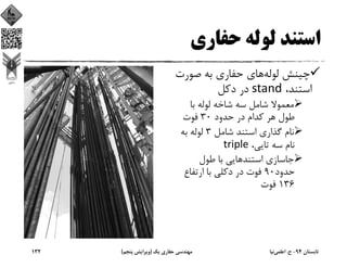 ‫ﺣﻔﺎري‬ ‫ﻟﻮﻟﻪ‬ ‫اﺳﺘﻨﺪ‬
‫ﻟﻮﻟﻪ‬ ‫ﭼﻴﻨﺶ‬‫ﺻﻮرت‬ ‫ﺑﻪ‬ ‫ﺣﻔﺎري‬ ‫ﻫﺎي‬
،‫اﺳﺘﻨﺪ‬stand‫دﻛﻞ‬ ‫در‬
‫ﺑﺎ‬ ‫ﻟﻮﻟﻪ‬ ‫ﺷﺎﺧﻪ‬ ‫ﺳﻪ‬ ‫ﺷﺎﻣﻞ‬ ‫ﻣﻌﻤﻮﻻ‬
‫ﺣﺪود‬ ‫در‬ ‫ﻛﺪام‬ ‫ﻫﺮ‬ ‫ﻃﻮل‬30‫ﻓﻮت‬
‫ﺷﺎﻣﻞ‬ ‫اﺳﺘﻨﺪ‬ ‫ﮔﺬاري‬ ‫ﻧﺎم‬3‫ﺑﻪ‬ ‫ﻟﻮﻟﻪ‬
،‫ﺗﺎﻳﻲ‬ ‫ﺳﻪ‬ ‫ﻧﺎم‬triple
‫اﺳﺘﻨﺪ‬ ‫ﺟﺎﺳﺎزي‬‫ﻃﻮل‬ ‫ﺑﺎ‬ ‫ﻫﺎﻳﻲ‬
‫ﺣﺪود‬90‫ارﺗﻔﺎع‬ ‫ﺑﺎ‬ ‫دﻛﻠﻲ‬ ‫در‬ ‫ﻓﻮت‬
136‫ﻓﻮت‬
‫ﺗﺎﺑﺴﺘﺎن‬94-‫ح‬.‫اﻋﻠﻤﻲ‬‫ﻧﻴﺎ‬‫ﻳﻚ‬ ‫ﺣﻔﺎري‬ ‫ﻣﻬﻨﺪﺳﻲ‬)‫ﭘﻨﺠﻢ‬ ‫وﻳﺮاﻳﺶ‬(132
 