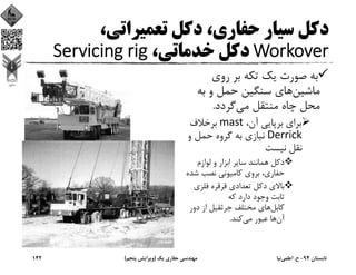 ،‫ﺗﻌﻤﻴﺮاﺗﻲ‬ ‫دﻛﻞ‬ ،‫ﺣﻔﺎري‬ ‫ﺳﻴﺎر‬ ‫دﻛﻞ‬
Workover،‫ﺧﺪﻣﺎﺗﻲ‬ ‫دﻛﻞ‬Servicing rig
‫روي‬ ‫ﺑﺮ‬ ‫ﺗﻜﻪ‬ ‫ﻳﻚ‬ ‫ﺻﻮرت‬ ‫ﺑﻪ‬
‫ﻣﺎﺷﻴﻦ‬‫ﺑﻪ‬ ‫و‬ ‫ﺣﻤﻞ‬ ‫ﺳﻨﮕﻴﻦ‬ ‫ﻫﺎي‬
‫ﻣﻲ‬ ‫ﻣﻨﺘﻘﻞ‬ ‫ﭼﺎه‬ ‫ﻣﺤﻞ‬‫ﮔﺮدد‬.
،‫آن‬ ‫ﺑﺮﭘﺎﻳﻲ‬ ‫ﺑﺮاي‬mast‫ﺑﺮﺧﻼف‬
Derrick‫و‬ ‫ﺣﻤﻞ‬ ‫ﮔﺮوه‬ ‫ﺑﻪ‬ ‫ﻧﻴﺎزي‬
‫ﻧﻴﺴﺖ‬ ‫ﻧﻘﻞ‬
‫ﻟﻮازم‬ ‫و‬ ‫اﺑﺰار‬ ‫ﺳﺎﻳﺮ‬ ‫ﻫﻤﺎﻧﻨﺪ‬ ‫دﻛﻞ‬
‫ﺷ‬ ‫ﻧﺼﺐ‬ ‫ﻛﺎﻣﻴﻮﻧﻲ‬ ‫ﺑﺮوي‬ ،‫ﺣﻔﺎري‬‫ﺪه‬
‫ﻓﻠﺰي‬ ‫ﻗﺮﻗﺮه‬ ‫ﺗﻌﺪادي‬ ‫دﻛﻞ‬ ‫ﺑﺎﻻي‬
‫ﻛﻪ‬ ‫دارد‬ ‫وﺟﻮد‬ ‫ﺛﺎﺑﺖ‬
‫ﻛﺎﺑﻞ‬‫دور‬ ‫از‬ ‫ﺟﺮﺛﻘﻴﻞ‬ ‫ﻣﺨﺘﻠﻒ‬ ‫ﻫﺎي‬
‫آن‬‫ﻣﻲ‬ ‫ﻋﺒﻮر‬ ‫ﻫﺎ‬‫ﻛﻨﺪ‬.
‫ﺗﺎﺑﺴﺘﺎن‬94-‫ح‬.‫اﻋﻠﻤﻲ‬‫ﻧﻴﺎ‬‫ﻳﻚ‬ ‫ﺣﻔﺎري‬ ‫ﻣﻬﻨﺪﺳﻲ‬)‫ﭘﻨﺠﻢ‬ ‫وﻳﺮاﻳﺶ‬(142
 