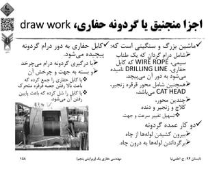 ،‫ﺣﻔﺎري‬ ‫ﮔﺮدوﻧﻪ‬ ‫ﻳﺎ‬ ‫ﻣﻨﺠﻨﻴﻖ‬ ‫اﺟﺰا‬draw work
‫اﺳﺖ‬ ‫ﺳﻨﮕﻴﻨﻲ‬ ‫و‬ ‫ﺑﺰرگ‬ ‫ﻣﺎﺷﻴﻦ‬‫ﻛﻪ‬:
‫ﻃﻨﺎب‬ ‫ﻳﻚ‬ ‫ﻛﻪ‬ ‫ﮔﺮدان‬ ‫درام‬ ‫ﺷﺎﻣﻞ‬
،‫ﺳﻴﻤﻲ‬WIRE ROPE‫ﻛﺎﺑﻞ‬ ‫ﻛﻪ‬
،‫ﺣﻔﺎري‬DRILLING LINE‫ﻧﺎﻣﻴﺪه‬
‫ﻣﻲ‬‫ﻣﻲ‬ ‫آن‬ ‫دور‬ ‫ﺑﻪ‬ ‫ﺷﻮد‬‫ﭘﻴﭽﺪ‬.
،‫زﻧﺠﻴﺮ‬ ‫ﻗﺮﻗﺮه‬ ‫ﻣﺤﻮر‬ ‫ﺷﺎﻣﻞ‬ ‫ﻫﻤﭽﻨﻴﻦ‬
CAT HEAD‫ﻣﻲ‬،‫ﺑﺎﺷﺪ‬
،‫ﻣﺤﻮر‬ ‫ﭼﻨﺪﻳﻦ‬
‫دﻧﺪه‬ ‫و‬ ‫زﻧﺠﻴﺮ‬ ‫و‬ ‫ﻛﻼچ‬
‫ﺟﻬﺖ‬ ‫و‬ ‫ﺳﺮﻋﺖ‬ ‫ﺗﻐﻴﻴﺮ‬ ‫ﺗﺴﻬﻴﻞ‬.
‫ﮔﺮدوﻧﻪ‬ ‫ﻋﻤﺪه‬ ‫ﻛﺎر‬ ‫دو‬
‫ﻟﻮﻟﻪ‬ ‫ﻛﺸﻴﺪن‬ ‫ﺑﻴﺮون‬‫ﭼﺎه‬ ‫از‬ ‫ﻫﺎ‬
‫ﻟﻮﻟﻪ‬ ‫ﺑﺮﮔﺮداﻧﺪن‬‫ﭼﺎه‬ ‫درون‬ ‫ﺑﻪ‬ ‫ﻫﺎ‬.
‫ﮔﺮدوﻧﻪ‬ ‫درام‬ ‫دور‬ ‫ﺑﻪ‬ ‫ﺣﻔﺎري‬ ‫ﻛﺎﺑﻞ‬
‫ﻣﻲ‬ ‫ﭘﻴﭽﻴﺪه‬‫ﺷﻮد‬.
‫ﻣﻲ‬ ‫درام‬ ‫ﮔﺮدوﻧﻪ‬ ‫درﮔﻴﺮي‬ ‫ﺑﺎ‬‫ﭼﺮﺧﺪ‬
‫آن‬ ‫ﭼﺮﺧﺶ‬ ‫و‬ ‫ﺟﻬﺖ‬ ‫ﺑﻪ‬ ‫ﺑﺴﺘﻪ‬ ‫و‬
‫ﻛﻪ‬ ‫ﻛﺮده‬ ‫ﺟﻤﻊ‬ ‫را‬ ‫ﺣﻔﺎري‬ ‫ﻛﺎﺑﻞ‬ ‫ﻳﺎ‬
‫ﻣﺘﺤﺮ‬ ‫ﻗﺮﻗﺮه‬ ‫ﺟﻌﺒﻪ‬ ‫رﻓﺘﻦ‬ ‫ﺑﺎﻻ‬ ‫ﺑﺎﻋﺚ‬‫ك‬
‫ﭘﺎﻳ‬ ‫ﺑﺎﻋﺚ‬ ‫ﻛﻪ‬ ‫ﻛﺮده‬ ‫ﺷﻞ‬ ‫را‬ ‫ﻛﺎﺑﻞ‬ ‫ﻳﺎ‬‫ﻴﻦ‬
‫ﻣﻲ‬ ‫آن‬ ‫رﻓﺘﻦ‬‫ﺷﻮد‬.
‫ﺗﺎﺑﺴﺘﺎن‬94-‫ح‬.‫اﻋﻠﻤﻲ‬‫ﻧﻴﺎ‬‫ﻳﻚ‬ ‫ﺣﻔﺎري‬ ‫ﻣﻬﻨﺪﺳﻲ‬)‫ﭘﻨﺠﻢ‬ ‫وﻳﺮاﻳﺶ‬(158
 