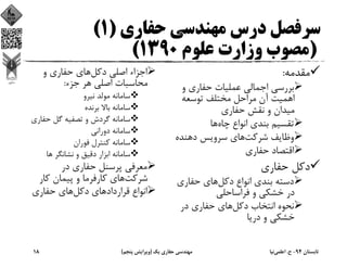 ‫ﺣﻔﺎري‬ ‫ﻣﻬﻨﺪﺳﻲ‬ ‫درس‬ ‫ﺳﺮﻓﺼﻞ‬)1(
)‫ﻋﻠﻮم‬ ‫وزارت‬ ‫ﻣﺼﻮب‬1390(
‫ﻣﻘﺪﻣﻪ‬:
‫و‬ ‫ﺣﻔﺎري‬ ‫ﻋﻤﻠﻴﺎت‬ ‫اﺟﻤﺎﻟﻲ‬ ‫ﺑﺮرﺳﻲ‬
‫ﺗﻮﺳﻌﻪ‬ ‫ﻣﺨﺘﻠﻒ‬ ‫ﻣﺮاﺣﻞ‬ ‫آن‬ ‫اﻫﻤﻴﺖ‬
‫ﺣﻔﺎري‬ ‫ﻧﻘﺶ‬ ‫و‬ ‫ﻣﻴﺪان‬
‫ﭼﺎه‬ ‫اﻧﻮاع‬ ‫ﺑﻨﺪي‬ ‫ﺗﻘﺴﻴﻢ‬‫ﻫﺎ‬
‫ﺷﺮﻛﺖ‬ ‫وﻇﺎﻳﻒ‬‫دﻫﻨﺪه‬ ‫ﺳﺮوﻳﺲ‬ ‫ﻫﺎي‬
‫ﺣﻔﺎري‬ ‫اﻗﺘﺼﺎد‬
‫ﺣﻔﺎري‬ ‫دﻛﻞ‬
‫دﻛﻞ‬ ‫اﻧﻮاع‬ ‫ﺑﻨﺪي‬ ‫دﺳﺘﻪ‬‫ﺣﻔﺎري‬ ‫ﻫﺎي‬
‫ﻓﺮاﺳﺎﺣﻠﻲ‬ ‫و‬ ‫ﺧﺸﻜﻲ‬ ‫در‬
‫دﻛﻞ‬ ‫اﻧﺘﺨﺎب‬ ‫ﻧﺤﻮه‬‫در‬ ‫ﺣﻔﺎري‬ ‫ﻫﺎي‬
‫درﻳﺎ‬ ‫و‬ ‫ﺧﺸﻜﻲ‬
‫دﻛﻞ‬ ‫اﺻﻠﻲ‬ ‫اﺟﺰاء‬‫و‬ ‫ﺣﻔﺎري‬ ‫ﻫﺎي‬
‫ﺟﺰء‬ ‫ﻫﺮ‬ ‫اﺻﻠﻲ‬ ‫ﻣﺤﺎﺳﺒﺎت‬:
‫ﻧﻴﺮو‬ ‫ﻣﻮﻟﺪ‬ ‫ﺳﺎﻣﺎﻧﻪ‬
‫ﺑﺮﻧﺪه‬ ‫ﺑﺎﻻ‬ ‫ﺳﺎﻣﺎﻧﻪ‬
‫ﺣﻔﺎري‬ ‫ﮔﻞ‬ ‫ﺗﺼﻔﻴﻪ‬ ‫و‬ ‫ﮔﺮدش‬ ‫ﺳﺎﻣﺎﻧﻪ‬
‫دوراﻧﻲ‬ ‫ﺳﺎﻣﺎﻧﻪ‬
‫ﻓﻮران‬ ‫ﻛﻨﺘﺮل‬ ‫ﺳﺎﻣﺎﻧﻪ‬
‫ﻫﺎ‬ ‫ﻧﺸﺎﻧﮕﺮ‬ ‫و‬ ‫دﻗﻴﻖ‬ ‫اﺑﺰار‬ ‫ﺳﺎﻣﺎﻧﻪ‬
‫در‬ ‫ﺣﻔﺎري‬ ‫ﭘﺮﺳﻨﻞ‬ ‫ﻣﻌﺮﻓﻲ‬
‫ﺷﺮﻛﺖ‬‫ﻛﺎر‬ ‫ﭘﻴﻤﺎن‬ ‫و‬ ‫ﻛﺎرﻓﺮﻣﺎ‬ ‫ﻫﺎي‬
‫ﻗﺮارداد‬ ‫اﻧﻮاع‬‫دﻛﻞ‬ ‫ﻫﺎي‬‫ﺣﻔﺎري‬ ‫ﻫﺎي‬
‫ﺗﺎﺑﺴﺘﺎن‬94-‫ح‬.‫اﻋﻠﻤﻲ‬‫ﻧﻴﺎ‬‫ﻳﻚ‬ ‫ﺣﻔﺎري‬ ‫ﻣﻬﻨﺪﺳﻲ‬)‫ﭘﻨﺠﻢ‬ ‫وﻳﺮاﻳﺶ‬(18
 