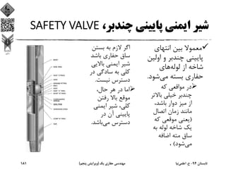 ،‫ﭼﻨﺪﺑﺮ‬ ‫ﭘﺎﻳﻴﻨﻲ‬ ‫اﻳﻤﻨﻲ‬ ‫ﺷﻴﺮ‬SAFETY VALVE
‫اﻧﺘﻬﺎي‬ ‫ﺑﻴﻦ‬ ‫ﻣﻌﻤﻮﻻ‬
‫او‬ ‫و‬ ‫ﭼﻨﺪﺑﺮ‬ ‫ﭘﺎﻳﻴﻨﻲ‬‫ﻟﻴﻦ‬
‫ﻟﻮﻟﻪ‬ ‫از‬ ‫ﺷﺎﺧﻪ‬‫ﻫﺎي‬
‫ﻣﻲ‬ ‫ﺑﺴﺘﻪ‬ ‫ﺣﻔﺎري‬‫ﺷﻮ‬‫د‬.
‫ﻛﻪ‬ ‫ﻣﻮاﻗﻌﻲ‬ ‫در‬
‫ﺑﺎﻻﺗ‬ ‫ﺧﻴﻠﻲ‬ ‫ﭼﻨﺪﺑﺮ‬‫ﺮ‬
،‫ﺑﺎﺷﺪ‬ ‫دوار‬ ‫ﻣﻴﺰ‬ ‫از‬
‫اﺗﺼﺎل‬ ‫زﻣﺎن‬ ‫ﻣﺎﻧﻨﺪ‬
)‫ﻛﻪ‬ ‫ﻣﻮﻗﻌﻲ‬ ‫ﻳﻌﻨﻲ‬
‫ﺑﻪ‬ ‫ﻟﻮﻟﻪ‬ ‫ﺷﺎﺧﻪ‬ ‫ﻳﻚ‬
‫اﺿﺎﻓﻪ‬ ‫ﻣﺘﻪ‬ ‫ﺳﺎق‬
‫ﻣﻲ‬‫ﺷﻮد‬(،
‫ﺑﺴﺘﻦ‬ ‫ﺑﻪ‬ ‫ﻻزم‬ ‫اﮔﺮ‬
‫ﺑﺎﺷﺪ‬ ‫ﺣﻔﺎري‬ ‫ﺳﺎق‬
‫ﺑﺎﻻﻳﻲ‬ ‫اﻳﻤﻨﻲ‬ ‫ﺷﻴﺮ‬
‫در‬ ‫ﺳﺎدﮔﻲ‬ ‫ﺑﻪ‬ ‫ﻛﻠﻲ‬
‫ﻧﻴﺴﺖ‬ ‫دﺳﺘﺮس‬.
،‫ﺣﺎل‬ ‫ﻫﺮ‬ ‫در‬ ‫اﻣﺎ‬
‫رﻓﺘﻦ‬ ‫ﺑﺎﻻ‬ ‫ﻣﻮﻗﻊ‬
‫اﻳﻤﻨﻲ‬ ‫ﺷﻴﺮ‬ ،‫ﻛﻠﻲ‬
‫در‬ ‫آن‬ ‫ﭘﺎﻳﻴﻨﻲ‬
‫ﻣﻲ‬ ‫دﺳﺘﺮس‬‫ﺑﺎﺷﺪ‬.
‫ﺗﺎﺑﺴﺘﺎن‬94-‫ح‬.‫اﻋﻠﻤﻲ‬‫ﻧﻴﺎ‬‫ﻳﻚ‬ ‫ﺣﻔﺎري‬ ‫ﻣﻬﻨﺪﺳﻲ‬)‫ﭘﻨﺠﻢ‬ ‫وﻳﺮاﻳﺶ‬(181
 