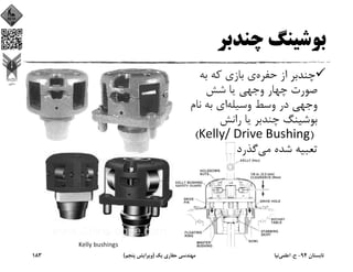 ‫ﭼﻨﺪﺑﺮ‬ ‫ﺑﻮﺷﻴﻨﮓ‬
‫ﺣﻔﺮه‬ ‫از‬ ‫ﭼﻨﺪﺑﺮ‬‫ﺑﻪ‬ ‫ﻛﻪ‬ ‫ﺑﺎزي‬ ‫ي‬
‫ﺷﺶ‬ ‫ﻳﺎ‬ ‫وﺟﻬﻲ‬ ‫ﭼﻬﺎر‬ ‫ﺻﻮرت‬
‫وﺳﻴﻠﻪ‬ ‫وﺳﻂ‬ ‫در‬ ‫وﺟﻬﻲ‬‫ﻧﺎم‬ ‫ﺑﻪ‬ ‫اي‬
‫راﻧﺶ‬ ‫ﻳﺎ‬ ‫ﭼﻨﺪﺑﺮ‬ ‫ﺑﻮﺷﻴﻨﮓ‬
)Kelly/ Drive Bushing(
‫ﻣﻲ‬ ‫ﺷﺪه‬ ‫ﺗﻌﺒﻴﻪ‬‫ﮔﺬرد‬
Kelly bushings
‫ﺗﺎﺑﺴﺘﺎن‬94-‫ح‬.‫اﻋﻠﻤﻲ‬‫ﻧﻴﺎ‬‫ﻳﻚ‬ ‫ﺣﻔﺎري‬ ‫ﻣﻬﻨﺪﺳﻲ‬)‫ﭘﻨﺠﻢ‬ ‫وﻳﺮاﻳﺶ‬(183
 