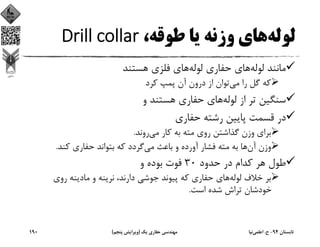 ‫ﻟﻮﻟﻪ‬،‫ﻃﻮﻗﻪ‬ ‫ﻳﺎ‬ ‫وزﻧﻪ‬ ‫ﻫﺎي‬Drill collar
‫ﻟﻮﻟﻪ‬ ‫ﻣﺎﻧﻨﺪ‬‫ﻟﻮﻟﻪ‬ ‫ﺣﻔﺎري‬ ‫ﻫﺎي‬‫ﻫﺴﺘﻨﺪ‬ ‫ﻓﻠﺰي‬ ‫ﻫﺎي‬
‫ﻣﻲ‬ ‫را‬ ‫ﮔﻞ‬ ‫ﻛﻪ‬‫ﻛﺮد‬ ‫ﭘﻤﭗ‬ ‫آن‬ ‫درون‬ ‫از‬ ‫ﺗﻮان‬
‫ﻟﻮﻟﻪ‬ ‫از‬ ‫ﺗﺮ‬ ‫ﺳﻨﮕﻴﻦ‬‫و‬ ‫ﻫﺴﺘﻨﺪ‬ ‫ﺣﻔﺎري‬ ‫ﻫﺎي‬
‫ﺣﻔﺎري‬ ‫رﺷﺘﻪ‬ ‫ﭘﺎﻳﻴﻦ‬ ‫ﻗﺴﻤﺖ‬ ‫در‬
‫ﻣﻲ‬ ‫ﻛﺎر‬ ‫ﺑﻪ‬ ‫ﻣﺘﻪ‬ ‫روي‬ ‫ﮔﺬاﺷﺘﻦ‬ ‫وزن‬ ‫ﺑﺮاي‬‫روﻧﺪ‬.
‫آن‬ ‫وزن‬‫ﻣﻲ‬ ‫ﺑﺎﻋﺚ‬ ‫و‬ ‫آورده‬ ‫ﻓﺸﺎر‬ ‫ﻣﺘﻪ‬ ‫ﺑﻪ‬ ‫ﻫﺎ‬‫ﻛﻨﺪ‬ ‫ﺣﻔﺎري‬ ‫ﺑﺘﻮاﻧﺪ‬ ‫ﻛﻪ‬ ‫ﮔﺮدد‬.
‫ﺣﺪود‬ ‫در‬ ‫ﻛﺪام‬ ‫ﻫﺮ‬ ‫ﻃﻮل‬30‫و‬ ‫ﺑﻮده‬ ‫ﻓﻮت‬
‫ﻟﻮﻟﻪ‬ ‫ﺧﻼف‬ ‫ﺑﺮ‬‫روي‬ ‫ﻣﺎدﻳﻨﻪ‬ ‫و‬ ‫ﻧﺮﻳﻨﻪ‬ ،‫دارﻧﺪ‬ ‫ﺟﻮﺷﻲ‬ ‫ﭘﻴﻮﻧﺪ‬ ‫ﻛﻪ‬ ‫ﺣﻔﺎري‬ ‫ﻫﺎي‬
‫اﺳﺖ‬ ‫ﺷﺪه‬ ‫ﺗﺮاش‬ ‫ﺧﻮدﺷﺎن‬.
‫ﺗﺎﺑﺴﺘﺎن‬94-‫ح‬.‫اﻋﻠﻤﻲ‬‫ﻧﻴﺎ‬‫ﻳﻚ‬ ‫ﺣﻔﺎري‬ ‫ﻣﻬﻨﺪﺳﻲ‬)‫ﭘﻨﺠﻢ‬ ‫وﻳﺮاﻳﺶ‬(190
 