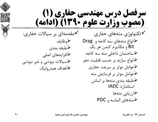 ‫ﺣﻔﺎري‬ ‫ﻣﻬﻨﺪﺳﻲ‬ ‫درس‬ ‫ﺳﺮﻓﺼﻞ‬)1(
)‫ﻋﻠﻮم‬ ‫وزارت‬ ‫ﻣﺼﻮب‬1390) (‫اداﻣﻪ‬(
‫ﻣﺘﻪ‬ ‫ﺗﻜﻨﻮﻟﻮژي‬‫ﺣﻔﺎري‬ ‫ﻫﺎي‬
‫ﻣﺘﻪ‬ ‫اﻧﻮاع‬‫و‬ ‫ﻛﺎﺟﻪ‬ ‫ﺳﻪ‬ ‫ﻫﺎي‬Drag 
Bit‫ﻳﻚ‬ ‫ﻫﺮ‬ ‫ﻛﻨﺪن‬ ‫ﻣﻜﺎﻧﻴﺰم‬ ‫و‬
‫ﻛﺎﺟﻪ‬ ‫ﺳﻪ‬ ‫ﻣﺘﻪ‬ ‫داﺧﻠﻲ‬ ‫ﺳﺎﺧﺘﻤﺎن‬
‫ﺣﻔ‬ ‫ﻗﺎﺑﻠﻴﺖ‬ ‫ﺣﺴﺐ‬ ‫ﺑﺮ‬ ‫ﺳﺎزﻧﺪ‬ ‫اﻧﻮاع‬‫ﺮ‬
‫ﺣﻔﺎري‬ ‫ﺳﺮﻋﺖ‬ ‫ﺑﺮ‬ ‫ﻣﻮﺛﺮ‬ ‫ﻋﻮاﻣﻞ‬
‫ﻣﺘﻪ‬ ‫ﻓﺮﺳﺎﻳﺶ‬ ‫ﺑﺮ‬ ‫ﻣﻮﺛﺮ‬ ‫ﻋﻮاﻣﻞ‬
‫ﻣﺘﻪ‬ ‫ﺑﻨﺪي‬ ‫ﻃﺒﻘﻪ‬‫اﺳﺎس‬ ‫ﺑﺮ‬ ‫ﻫﺎ‬
‫اﺳﺘﺎﻧﺪارد‬IADC
‫ﻣﺘﻪ‬ ‫ارزﻳﺎﺑﻲ‬‫ﻫﺎ‬
‫ﻣﺘﻪ‬‫و‬ ‫اﻟﻤﺎﺳﻪ‬ ‫ﻫﺎي‬PDC
‫ﻣﻘﺪﻣﻪ‬‫ﺣﻔﺎري‬ ‫ﺳﻴﺎﻻت‬ ‫ﺑﺮ‬ ‫اي‬:
‫وﻇﺎﻳﻒ‬
‫ﺑﻨﺪي‬ ‫ﻃﺒﻘﻪ‬
‫اﻓﺰاﻳﻪ‬‫اﺻﻠﻲ‬ ‫ﻫﺎي‬
‫ﻧﻴﻮﺗﻨﻲ‬ ‫ﻏﻴﺮ‬ ‫و‬ ‫ﻧﻴﻮﺗﻨﻲ‬ ‫ﺳﻴﺎﻻت‬
‫ﻫﻴﺪروﻟﻴﻚ‬ ‫اﻫﺪاف‬
‫ﺗﺎﺑﺴﺘﺎن‬94-‫ح‬.‫اﻋﻠﻤﻲ‬‫ﻧﻴﺎ‬‫ﻳﻚ‬ ‫ﺣﻔﺎري‬ ‫ﻣﻬﻨﺪﺳﻲ‬)‫ﭘﻨﺠﻢ‬ ‫وﻳﺮاﻳﺶ‬(20
 