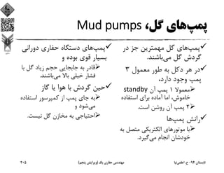 ‫ﭘﻤﭗ‬،‫ﮔﻞ‬ ‫ﻫﺎي‬Mud pumps
‫ﭘﻤﭗ‬‫در‬ ‫ﺟﺰ‬ ‫ﻣﻬﻤﺘﺮﻳﻦ‬ ‫ﮔﻞ‬ ‫ﻫﺎي‬
‫ﻣﻲ‬ ‫ﮔﻞ‬ ‫ﮔﺮدش‬‫ﺑﺎﺷﻨﺪ‬.
‫ﻣﻌﻤﻮل‬ ‫ﻃﻮر‬ ‫ﺑﻪ‬ ‫دﻛﻞ‬ ‫ﻫﺮ‬ ‫در‬3
،‫دارد‬ ‫وﺟﻮد‬ ‫ﭘﻤﭗ‬
‫ﻣﻌﻤﻮﻻ‬1‫آن‬ ‫ﭘﻤﭗ‬standby
‫اﺳﺘﻔﺎده‬ ‫ﺑﺮاي‬ ‫آﻣﺎده‬ ‫اﻣﺎ‬ ،‫ﺧﺎﻣﻮش‬
2‫اﺳﺖ‬ ‫روﺷﻦ‬ ‫آن‬ ‫ﭘﻤﭗ‬.
‫ﭘﻤﭗ‬ ‫راﻧﺶ‬‫ﻫﺎ‬
‫ﻣﻮﺗﻮر‬ ‫ﺑﺎ‬‫ﺑ‬ ‫ﻣﺘﺼﻞ‬ ‫اﻟﻜﺘﺮﻳﻜﻲ‬ ‫ﻫﺎي‬‫ﻪ‬
‫ﻣﻲ‬ ‫اﻧﺠﺎم‬ ‫ﺧﻮدﺷﺎن‬‫ﮔﻴﺮد‬.
‫ﭘﻤﭗ‬‫دوراﻧﻲ‬ ‫ﺣﻔﺎري‬ ‫دﺳﺘﮕﺎه‬ ‫ﻫﺎي‬
‫و‬ ‫ﺑﻮده‬ ‫ﻗﻮي‬ ‫ﺑﺴﻴﺎر‬
‫ﺑ‬ ‫ﮔﻞ‬ ‫زﻳﺎد‬ ‫ﺣﺠﻢ‬ ‫ﺟﺎﺑﺠﺎﻳﻲ‬ ‫ﺑﻪ‬ ‫ﻗﺎدر‬‫ﺎ‬
‫ﻣﻲ‬ ‫ﺑﺎﻻ‬ ‫ﺧﻴﻠﻲ‬ ‫ﻓﺸﺎر‬‫ﺑﺎﺷﻨﺪ‬.
‫ﮔﺎز‬ ‫ﻳﺎ‬ ‫ﻫﻮا‬ ‫ﺑﺎ‬ ‫ﮔﺮدش‬ ‫ﺣﻴﻦ‬
‫اﺳﺘﻔﺎد‬ ‫ﻛﻤﭙﺮﺳﻮر‬ ‫از‬ ‫ﭘﻤﭗ‬ ‫ﺟﺎي‬ ‫ﺑﻪ‬‫ه‬
‫ﻣﻲ‬‫و‬ ‫ﺷﻮد‬
‫ﻧﻴﺴﺖ‬ ‫ﮔﻞ‬ ‫ﻣﺨﺎزن‬ ‫ﺑﻪ‬ ‫اﺣﺘﻴﺎﺟﻲ‬.
‫ﺗﺎﺑﺴﺘﺎن‬94-‫ح‬.‫اﻋﻠﻤﻲ‬‫ﻧﻴﺎ‬‫ﻳﻚ‬ ‫ﺣﻔﺎري‬ ‫ﻣﻬﻨﺪﺳﻲ‬)‫ﭘﻨﺠﻢ‬ ‫وﻳﺮاﻳﺶ‬(205
 
