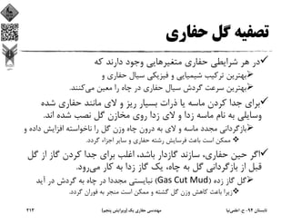 ‫ﺣﻔﺎري‬ ‫ﮔﻞ‬ ‫ﺗﺼﻔﻴﻪ‬
‫ﻣﺘﻐﻴﺮ‬ ‫ﺣﻔﺎري‬ ‫ﺷﺮاﻳﻄﻲ‬ ‫ﻫﺮ‬ ‫در‬‫ﻛﻪ‬ ‫دارﻧﺪ‬ ‫وﺟﻮد‬ ‫ﻫﺎﻳﻲ‬
‫و‬ ‫ﺣﻔﺎري‬ ‫ﺳﻴﺎل‬ ‫ﻓﻴﺰﻳﻜﻲ‬ ‫و‬ ‫ﺷﻴﻤﻴﺎﻳﻲ‬ ‫ﺗﺮﻛﻴﺐ‬ ‫ﺑﻬﺘﺮﻳﻦ‬
‫ﻣﻲ‬ ‫ﻣﻌﻴﻦ‬ ‫را‬ ‫ﭼﺎه‬ ‫در‬ ‫ﺣﻔﺎري‬ ‫ﺳﻴﺎل‬ ‫ﮔﺮدش‬ ‫ﺳﺮﻋﺖ‬ ‫ﺑﻬﺘﺮﻳﻦ‬‫ﻛﻨﻨﺪ‬.
‫ﺷﺪه‬ ‫ﺣﻔﺎري‬ ‫ﻣﺎﻧﻨﺪ‬ ‫ﻻي‬ ‫و‬ ‫رﻳﺰ‬ ‫ﺑﺴﻴﺎر‬ ‫ذرات‬ ‫ﻳﺎ‬ ‫ﻣﺎﺳﻪ‬ ‫ﻛﺮدن‬ ‫ﺟﺪا‬ ‫ﺑﺮاي‬
‫اﻧﺪ‬ ‫ﺷﺪه‬ ‫ﻧﺼﺐ‬ ‫ﮔﻞ‬ ‫ﻣﺨﺎزن‬ ‫روي‬ ‫زدا‬ ‫ﻻي‬ ‫و‬ ‫زدا‬ ‫ﻣﺎﺳﻪ‬ ‫ﻧﺎم‬ ‫ﺑﻪ‬ ‫وﺳﺎﻳﻠﻲ‬.
‫داده‬ ‫اﻓﺰاﻳﺶ‬ ‫ﻧﺎﺧﻮاﺳﺘﻪ‬ ‫را‬ ‫ﮔﻞ‬ ‫وزن‬ ‫ﭼﺎه‬ ‫درون‬ ‫ﺑﻪ‬ ‫ﻻي‬ ‫و‬ ‫ﻣﺎﺳﻪ‬ ‫ﻣﺠﺪد‬ ‫ﺑﺎزﮔﺮداﻧﻲ‬‫و‬
‫ﮔﺮدد‬ ‫اﺟﺰاء‬ ‫ﺳﺎﻳﺮ‬ ‫و‬ ‫ﺣﻔﺎري‬ ‫رﺷﺘﻪ‬ ‫ﻓﺮﺳﺎﻳﺶ‬ ‫ﺑﺎﻋﺚ‬ ‫اﺳﺖ‬ ‫ﻣﻤﻜﻦ‬.
‫ﮔ‬ ‫از‬ ‫ﮔﺎز‬ ‫ﻛﺮدن‬ ‫ﺟﺪا‬ ‫ﺑﺮاي‬ ‫اﻏﻠﺐ‬ ،‫ﺑﺎﺷﺪ‬ ‫ﮔﺎزدار‬ ‫ﺳﺎزﻧﺪ‬ ،‫ﺣﻔﺎري‬ ‫ﺣﻴﻦ‬ ‫اﮔﺮ‬‫ﻞ‬
‫ﻣﻲ‬ ‫ﻛﺎر‬ ‫ﺑﻪ‬ ‫زدا‬ ‫ﮔﺎز‬ ‫ﻳﻚ‬ ،‫ﭼﺎه‬ ‫ﺑﻪ‬ ‫ﮔﻞ‬ ‫ﺑﺎزﮔﺮداﻧﻲ‬ ‫از‬ ‫ﻗﺒﻞ‬‫رود‬.
‫زده‬ ‫ﮔﺎز‬ ‫ﮔﻞ‬)Gas Cut Mud(‫آﻳﺪ‬ ‫در‬ ‫ﮔﺮدش‬ ‫ﺑﻪ‬ ‫ﭼﺎه‬ ‫در‬ ‫ﻣﺠﺪدا‬ ‫ﻧﺒﺎﻳﺴﺘﻲ‬
‫ﮔﺮدد‬ ‫ﻓﻮران‬ ‫ﺑﻪ‬ ‫ﻣﻨﺠﺮ‬ ‫اﺳﺖ‬ ‫ﻣﻤﻜﻦ‬ ‫و‬ ‫ﮔﺸﺘﻪ‬ ‫ﮔﻞ‬ ‫وزن‬ ‫ﻛﺎﻫﺶ‬ ‫ﺑﺎﻋﺚ‬ ‫زﻳﺮا‬.
‫ﺗﺎﺑﺴﺘﺎن‬94-‫ح‬.‫اﻋﻠﻤﻲ‬‫ﻧﻴﺎ‬‫ﻳﻚ‬ ‫ﺣﻔﺎري‬ ‫ﻣﻬﻨﺪﺳﻲ‬)‫ﭘﻨﺠﻢ‬ ‫وﻳﺮاﻳﺶ‬(213
 