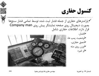 ‫ﺣﻔﺎري‬ ‫ﻛﻨﺴﻮل‬
‫ﺳ‬ ‫ﻓﺸﺎر‬ ‫ﺗﻤﺎﻣﻲ‬ ‫ﺗﻮﺳﻂ‬ ‫ﺷﺪه‬ ‫ﺛﺒﺖ‬ ‫ﻓﺸﺎر‬ ‫ﺟﻤﻠﻪ‬ ‫از‬ ‫ﺣﻔﺎري‬ ‫ﭘﺎراﻣﺘﺮﻫﺎي‬‫ﻨﺞ‬‫ﻫﺎ‬
‫روي‬ ‫ﭘﻴﺶ‬ ‫ﻧﻤﺎﻳﺸﮕﺮ‬ ‫ﺻﻔﺤﻪ‬ ‫روي‬ ‫دﻳﺠﻴﺘﺎل‬ ‫ﺑﺼﻮرت‬Company man 
‫دارد‬ ‫ﻗﺮار‬.‫ﺷﺎﻣﻞ‬ ‫ﺣﻔﺎري‬ ‫اﻃﻼﻋﺎت‬
،‫ﻓﺸﺎر‬
،‫ﻫﺎ‬ ‫ﭘﻤﭗ‬ ‫وﺿﻌﻴﺖ‬
،‫ﺣﻔﺎري‬ ‫ﻋﻤﻖ‬
‫ﻣﺘﻪ‬ ‫روي‬ ‫وزن‬
‫ﻏﻴﺮه‬ ‫و‬
‫ﺗﺎﺑﺴﺘﺎن‬94-‫ح‬.‫اﻋﻠﻤﻲ‬‫ﻧﻴﺎ‬‫ﻳﻚ‬ ‫ﺣﻔﺎري‬ ‫ﻣﻬﻨﺪﺳﻲ‬)‫ﭘﻨﺠﻢ‬ ‫وﻳﺮاﻳﺶ‬(242
 