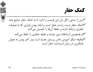 ‫ﺣﻔﺎر‬ ‫ﻛﻤﻚ‬
‫ﺗﺮﻓﻴ‬ ‫ﺣﻔﺎر‬ ‫ﻛﻤﻚ‬ ‫ﺑﻪ‬ ‫ﺗﺎ‬ ‫دارد‬ ‫را‬ ‫ﻓﺮﺻﺖ‬ ‫اﻳﻦ‬ ‫ﺑﺎن‬ ‫دﻛﻞ‬ ‫ﻣﺪﺗﻲ‬ ‫از‬ ‫ﭘﺲ‬‫ﻳﺎﺑﺪ‬ ‫ﻊ‬.
‫ﻋﻤﻠﻴ‬ ‫ﺑﺎ‬ ‫ﻛﻪ‬ ‫اﺑﺰاري‬ ‫ﺑﻮدن‬ ‫اﻣﺎده‬ ‫و‬ ‫اﺳﺖ‬ ‫ﺣﻔﺎر‬ ‫راﺳﺖ‬ ‫دﺳﺖ‬ ‫ﺣﻔﺎر‬ ‫ﻛﻤﻚ‬‫ﺎت‬
‫آن‬ ‫ﺣﻔﻆ‬ ‫و‬ ‫دارﻧﺪ‬ ‫ارﺗﺒﺎط‬ ‫ﺣﻔﺎري‬‫ﻣﻲ‬ ‫ﺗﻀﻤﻴﻦ‬ ‫را‬ ‫ﻫﺎ‬‫ﻛﻨﺪ‬.
‫ﻣﻲ‬ ‫ﺣﻔﻆ‬ ‫را‬ ‫ﺣﻔﺎري‬ ‫ﻃﺒﻘﻪ‬ ‫و‬ ‫ﻋﺮﺷﻪ‬ ‫ﺑﻴﻦ‬ ‫ارﺗﺒﺎﻃﺎت‬ ‫ﻫﻤﭽﻨﻴﻦ‬ ‫او‬‫ﻛﻨﺪ‬.
‫ﻋﻨﻮ‬ ‫ﺑﻪ‬ ‫ﺑﻮدن‬ ‫آﺧﺮ‬ ‫ودر‬ ‫اﺳﺖ‬ ‫ﺟﺪﻳﺪ‬ ‫ﭘﺮﺳﻨﻞ‬ ‫دادن‬ ‫آﻣﻮزش‬ ‫دﻳﮕﺮ‬ ‫وﻇﻴﻔﻪ‬‫ان‬
‫اﺳﺖ‬ ‫ﺣﻔﺎر‬ ‫اﺳﺘﺮاﺣﺖ‬ ‫زﻣﺎن‬ ‫در‬ ‫ﺟﺎﻳﮕﺰﻳﻦ‬.
‫ﺗﺎﺑﺴﺘﺎن‬94-‫ح‬.‫اﻋﻠﻤﻲ‬‫ﻧﻴﺎ‬‫ﻳﻚ‬ ‫ﺣﻔﺎري‬ ‫ﻣﻬﻨﺪﺳﻲ‬)‫ﭘﻨﺠﻢ‬ ‫وﻳﺮاﻳﺶ‬(251
 