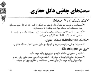 ‫ﺳﻤﺖ‬‫ﺣﻔﺎري‬ ‫دﻛﻞ‬ ‫ﺟﺎﻧﺒﻲ‬ ‫ﻫﺎي‬
‫ﻣﻜﺎﻧﻴﻚ‬ ‫ﻛﻤﻚ‬)Motor Man(
‫ﻣﻮﺗﻮر‬ ‫ﻣﺴﺌﻮﻟﻴﺖ‬‫آن‬ ‫ﺳﻮﺧﺖ‬ ،‫ﻫﺎ‬‫ژﻧﺮاﺗﻮر‬ ‫ﻗﺒﻴﻞ‬ ‫از‬ ‫ﻛﻤﻜﻲ‬ ‫ﺗﺠﻬﻴﺰات‬ ‫و‬ ‫ﻫﺎ‬‫ﻛﻤﭙﺮﺳﻮ‬ ،‫ﻫﺎ‬‫ر‬‫ﻫﺎي‬
‫ﭘﻤﭗ‬ ،‫ﻫﻮا‬‫دارد‬ ‫ﻋﻬﺪه‬ ‫ﺑﻪ‬ ‫را‬ ‫ﻣﺮﺑﻮﻃﻪ‬ ‫ﻣﻮارد‬ ‫ﺳﺎﻳﺮ‬ ‫و‬ ‫آب‬ ‫ﻫﺎي‬.
‫ﻣﻮﺗﻮر‬ ‫ﺟﺰﺋﻲ‬ ‫ﺗﻌﻤﻴﺮات‬ ‫ﮔﺎﻫﻲ‬ ‫و‬ ‫روﻏﻦ‬ ‫ﺑﺎزرﺳﻲ‬‫ﻣﻲ‬ ‫اﻧﺠﺎم‬ ‫را‬ ‫ﻫﺎ‬‫ﺗﻌﻤﻴﺮات‬ ‫ﺑﺮاي‬ ‫وﻟﻲ‬ ‫دﻫﺪ‬
‫ﻣﻲ‬ ‫ﮔﺮﻓﺘﻪ‬ ‫ﻛﺎر‬ ‫ﺑﻪ‬ ‫ﻣﻜﺎﻧﻴﻚ‬ ‫ﻳﻚ‬ ‫ﻋﻤﻮﻣﺎ‬ ،‫اﺳﺎﺳﻲ‬‫ﺷﻮد‬.
‫ﻣﻜﺎﻧﻴﻚ‬)Mechanic(،‫ﺣﻔﺎري‬ ‫دﺳﺘﮕﺎه‬
‫ﻣﻮﺗﻮر‬ ‫ﺟﺰﺋﻲ‬ ‫ﺗﻌﻤﻴﺮات‬‫ﭘﻤﭗ‬ ،‫ﻫﺎ‬‫ﻫﺎ‬‫ﺣﻔﺎري‬ ‫دﺳﺘﮕﺎه‬ ‫آﻻت‬ ‫ﻣﺎﺷﻴﻦ‬ ‫ﺳﺎﻳﺮ‬ ‫و‬ ‫ﻛﻮﭼﻚ‬ ‫ي‬.
‫ﻛﺎر‬ ‫ﺑﺮق‬)Electrician(
‫ﻛﺎر‬‫دارد‬ ‫ﻋﻬﺪه‬ ‫ﺑﻪ‬ ‫را‬ ‫ﺑﺮق‬ ‫ﺗﻮزﻳﻊ‬ ‫و‬ ‫ﺗﻮﻟﻴﺪ‬ ‫ﺳﺎﻣﺎﻧﻪ‬ ‫ﺗﻌﻤﻴﺮاﺗﻲ‬ ‫ﻫﺎي‬.
‫ژﻧﺮاﺗﻮر‬ ‫ﺟﺰﺋﻲ‬ ‫ﺗﻌﻤﻴﺮات‬‫ﻣﻮﺗﻮر‬ ‫ﻳﺎ‬ ‫ﻫﺎ‬‫و‬ ‫ﺑﺮق‬ ‫ﻛﺸﻲ‬ ‫ﺳﻴﻢ‬ ‫ﺑﺎزرﺳﻲ‬ ،‫اﻟﻜﺘﺮﻳﻜﻲ‬ ‫ﻫﺎي‬‫ﺳﺎﻳﺮ‬
‫ﻫﻤﻪ‬ ‫وﻟﻲ‬ ‫دارد‬ ‫ﻋﻬﺪه‬ ‫ﺑﻪ‬ ‫را‬ ‫ﺑﺮﻗﻲ‬ ‫ادوات‬‫دﺳﺘﮕﺎه‬ ‫ي‬‫ﻧﺪارﻧﺪ‬ ‫ﻛﺎر‬ ‫ﺑﺮق‬ ‫ﺣﻔﺎري‬ ‫ﻫﺎي‬.
‫ﺗﺎﺑﺴﺘﺎن‬94-‫ح‬.‫اﻋﻠﻤﻲ‬‫ﻧﻴﺎ‬‫ﻳﻚ‬ ‫ﺣﻔﺎري‬ ‫ﻣﻬﻨﺪﺳﻲ‬)‫ﭘﻨﺠﻢ‬ ‫وﻳﺮاﻳﺶ‬(255
 